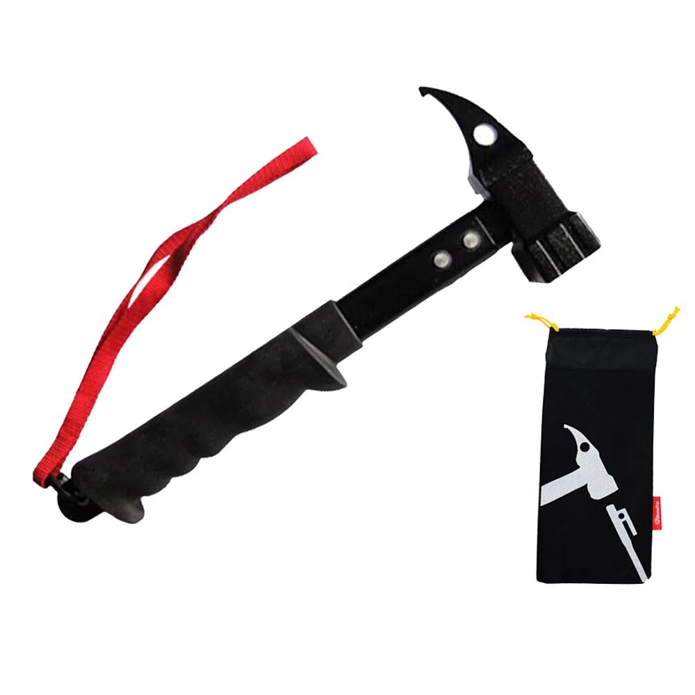 NUZAMAS Martillo extractor de martillo para tienda de campaña, estacas negras de 32 cm, diseño de cabeza antideslizante con correa de sujeción y bolsa