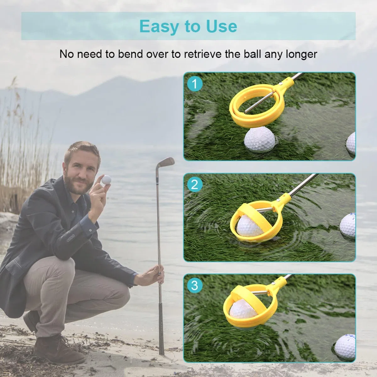 Recogebolas de Golf, Recogedor Telescópico Acero Inoxidable Amarillo para Jugadores de Golf, Entrenamiento en Campo y Practica de Precisión