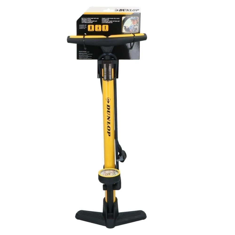 Dunlop Bomba Bicicleta con Manómetro - Inflador Ruedas Coche y Bicileta - Hinchador Bicicleta para válvulas Dunlop, Schrader y Francesas - Bomba de Aire con Adaptadores Juguetes Acuáticos y Balones