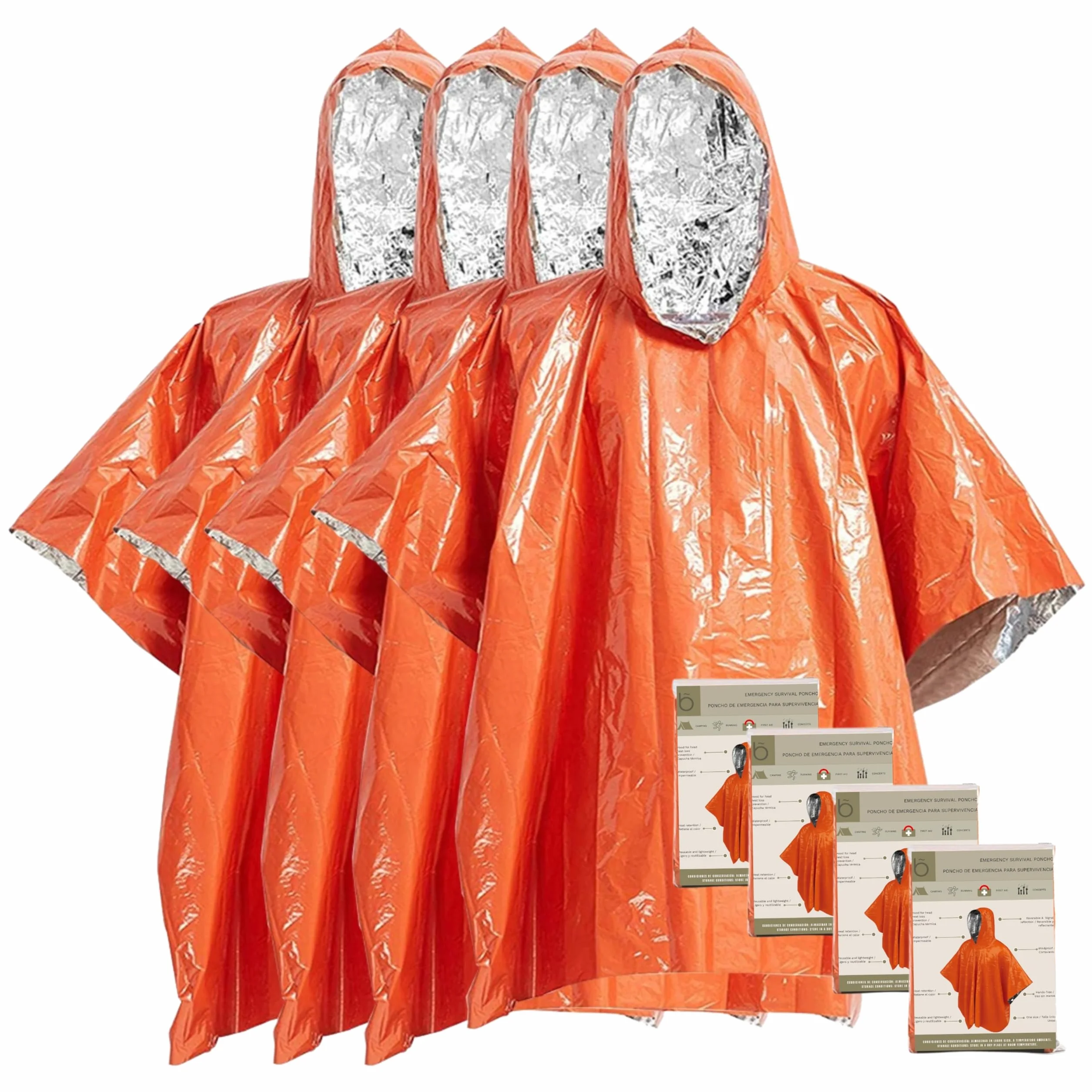 Poncho térmico de emergencia – Pack de 4 reutilizable con capucha – impermeable – para coche, montaña, supervivencia y primeros auxilios