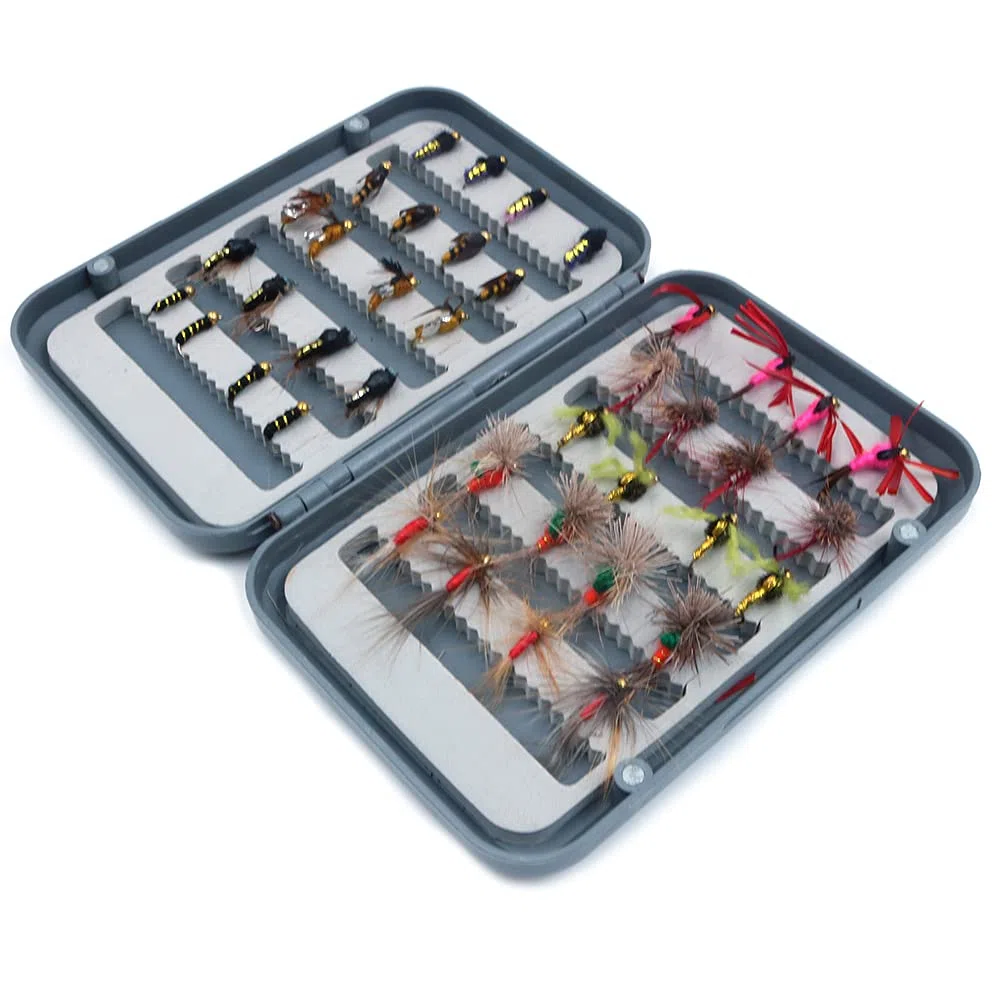 Kit de 40 Moscas de Pesca Con Caja - Secas, Húmedas, Ninfas y Serpentinas Para Lubina, Salmón y Trucha