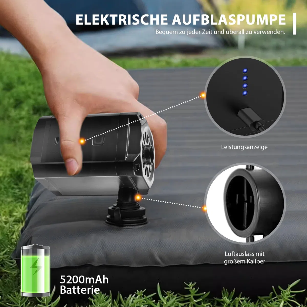 Bomba de aire eléctrica con batería, bomba para colchón hinchable 5200mAh recargable, mini bomba eléctrica de 2 en 1 con USB para inflar y desinflar, con 3 boquillas de aire para colchón hinchable