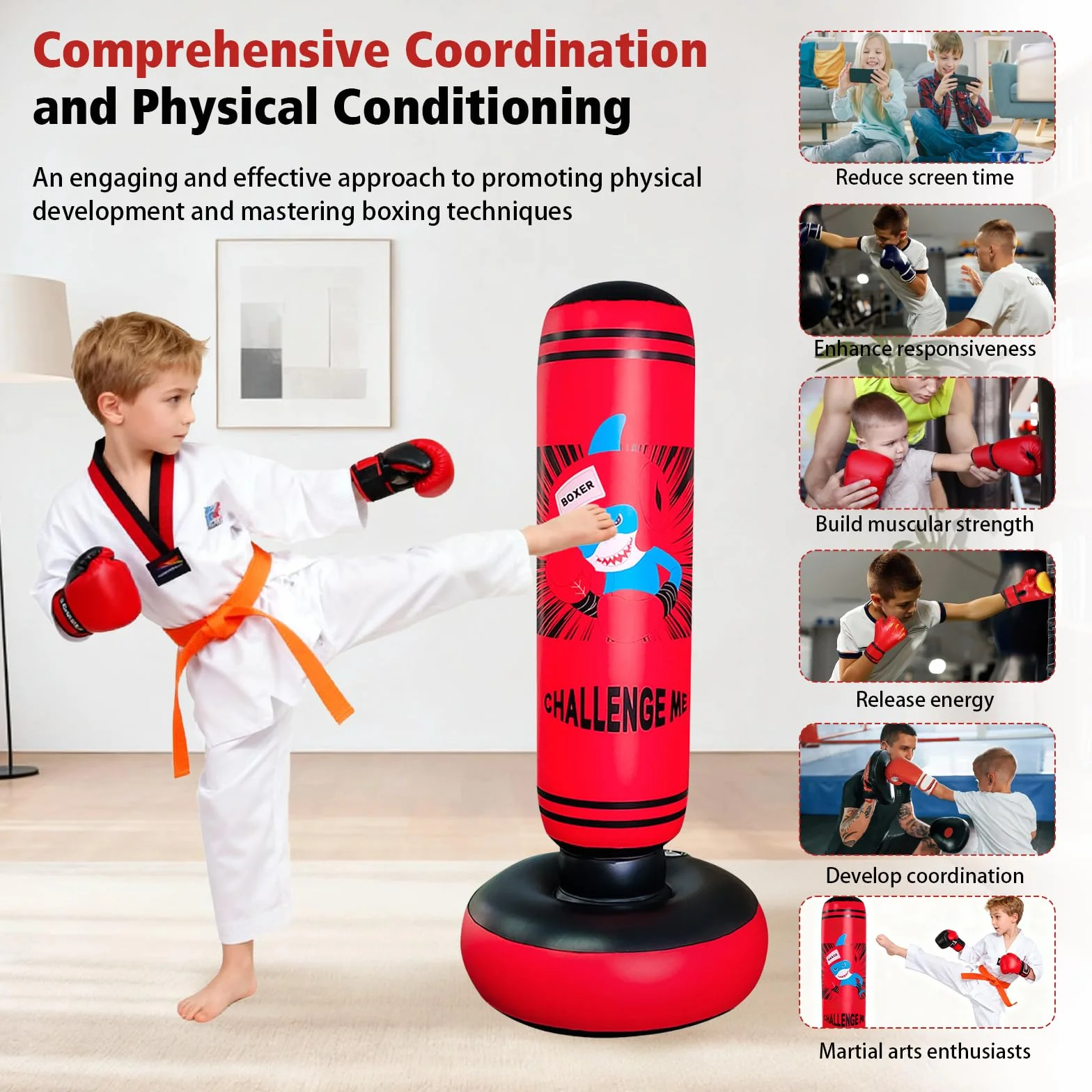 Saco de boxeo inflable, 47.24 pulgadas, saco de boxeo antiestrés, para niños y niñas, saco de boxeo independiente para entrenamiento tailandés, talla S para