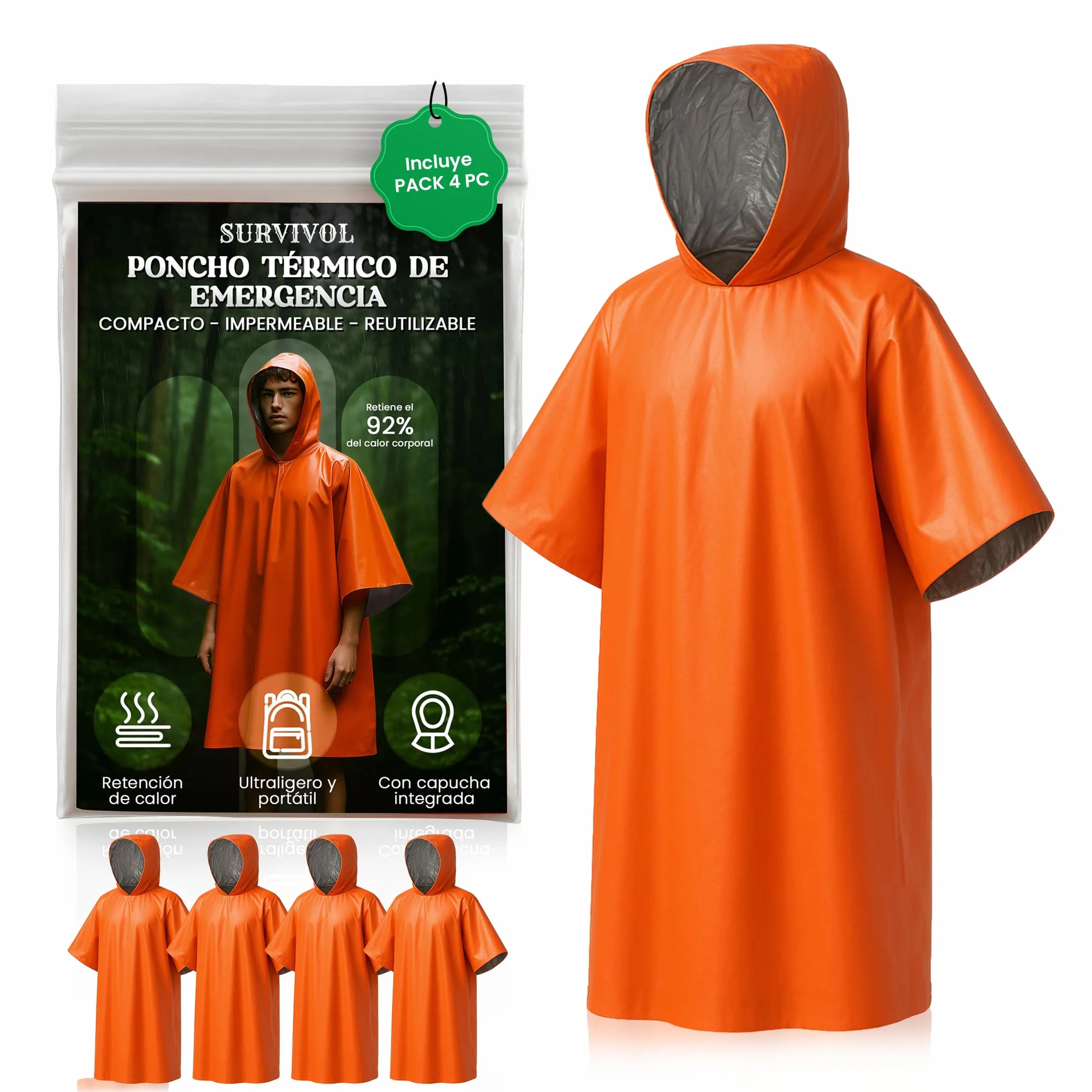 Poncho Impermeable 4 Pc - Kit Supervivencia 72 Horas Equipada - Poncho Lluvia - Manta Termica Supervivencia Reversible con Capucha para Retención de Calor y Lluvia - Resistente al Viento.