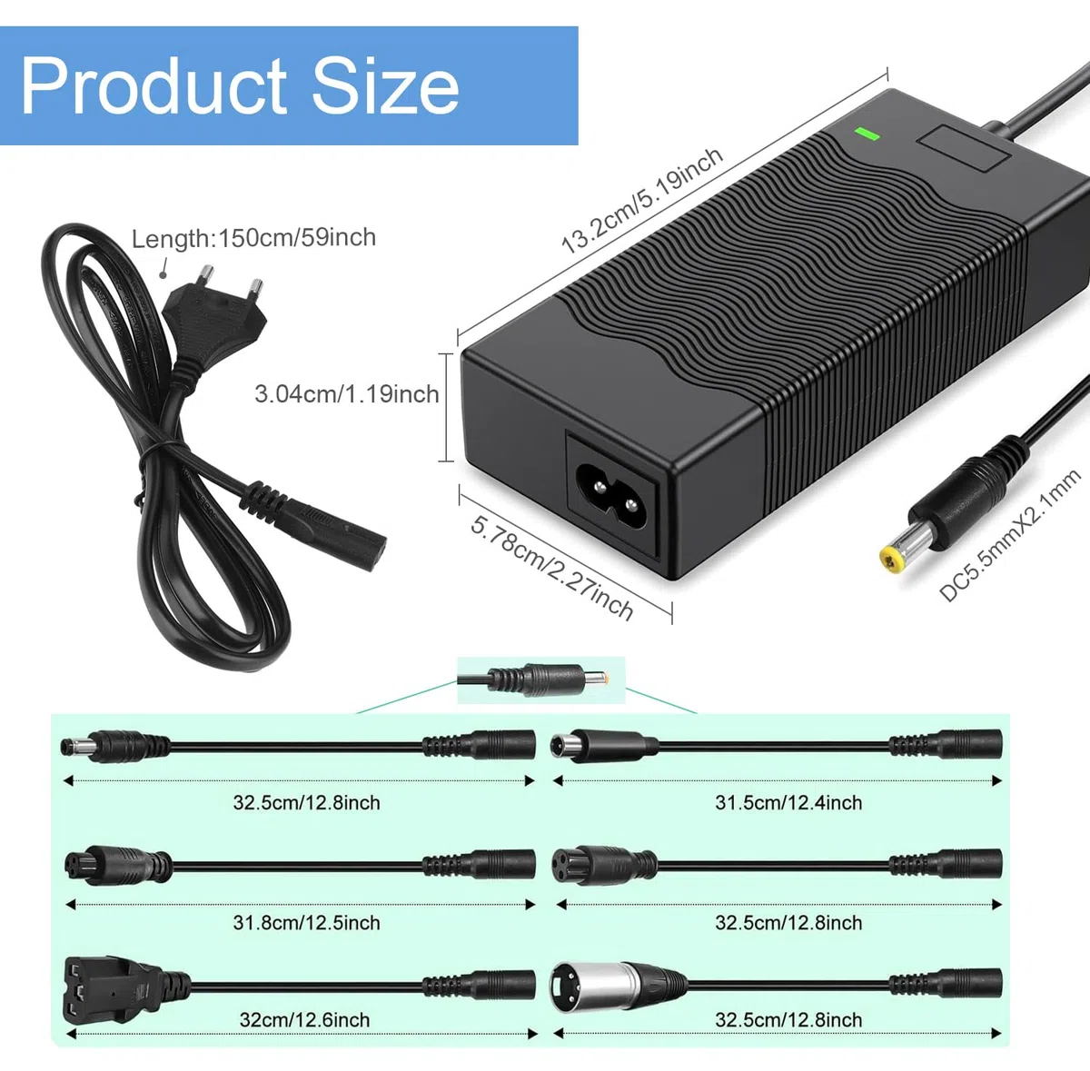 Cargador para Patinete Eléctrico 42V 2A (con 6 Conectores), Compatible con Hoverboard, Ninebot, Xiaomi, Bicicleta Eléctrica, Adaptador de Alimentación para Batería de Litio 36V