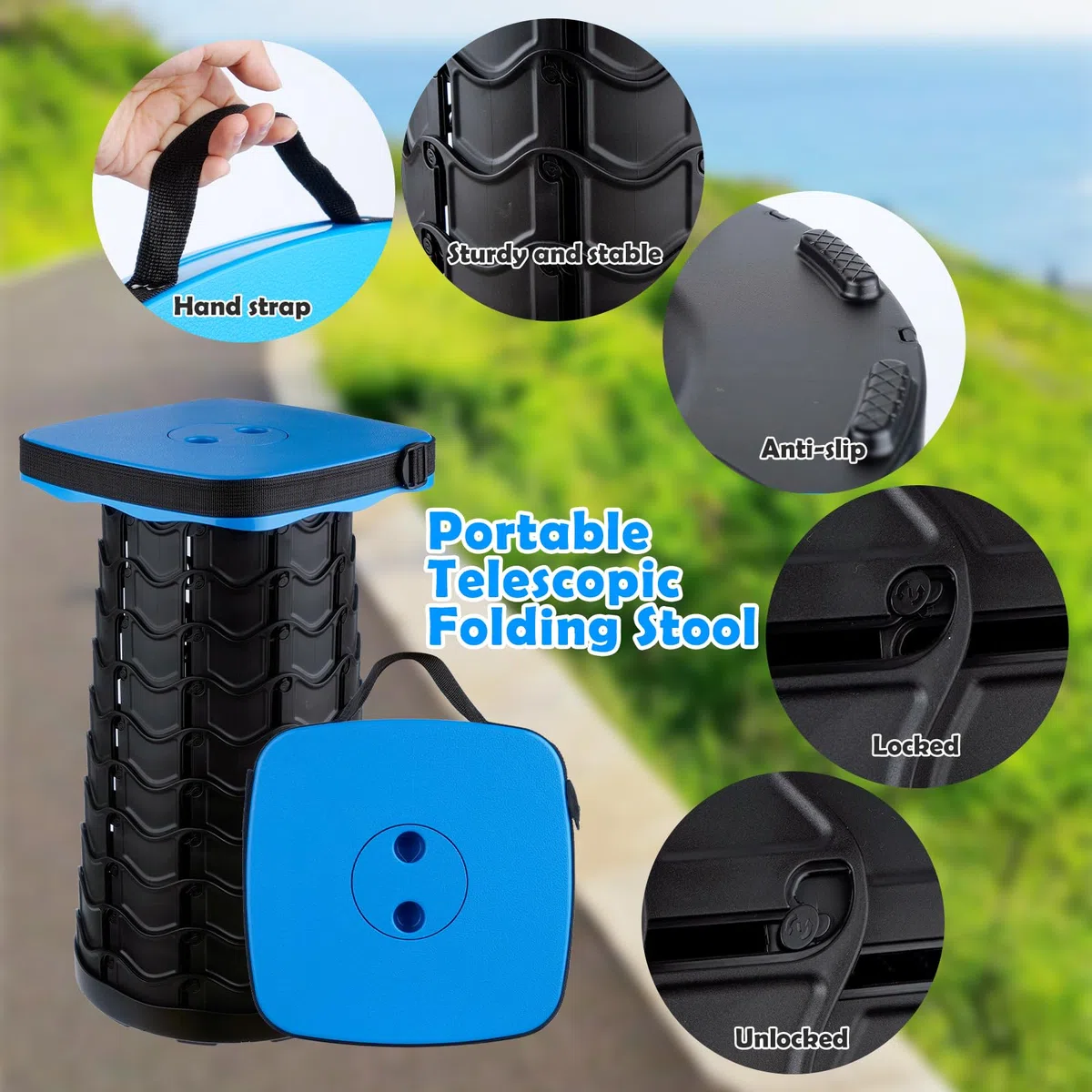 Taburete Plegable Portatil, Taburete Telescópico Azul, Taburete Retráctil, Silla Portatil Ligera para Viajes, Pesca, Senderismo y Camping, Carga Máxima 485LBS/220KG
