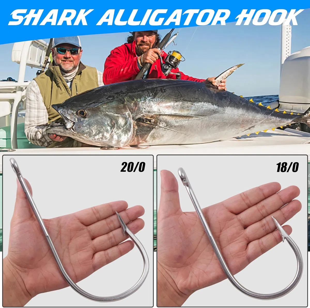 Gancho de pesca de tiburón gigante y cocodrilo de agua salada de acero inoxidable Big Game J anzuelo de pesca extrafuerte y afilado gigante para atún, pez espada, tamaño 5/0-20/0