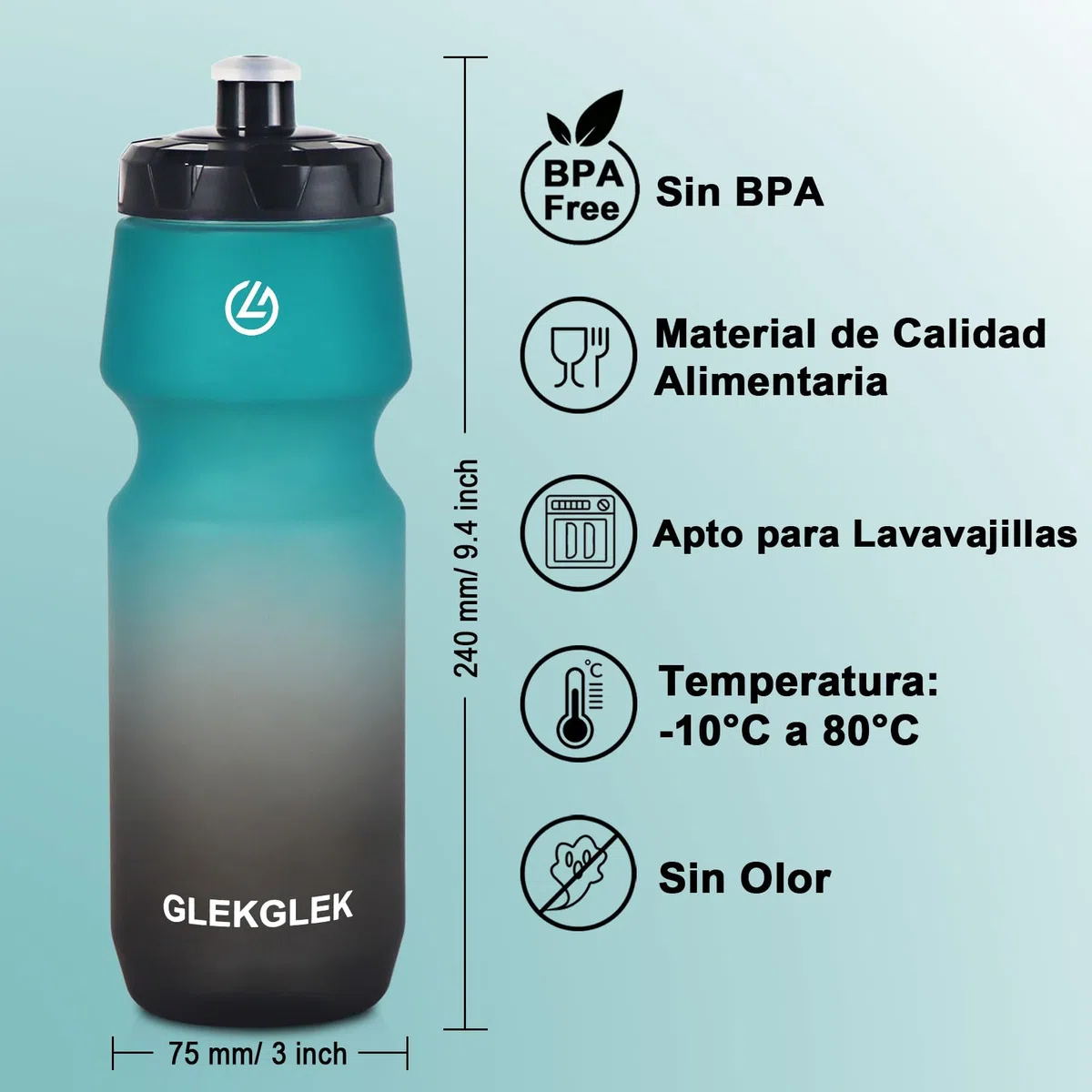 Botella Agua Gimnasio 750ml, Bidon Ciclismo sin BPA, Botellin Deportiva para Ejercicio, Nadar y Senderismo (Negro Blanco/Verde Negro)