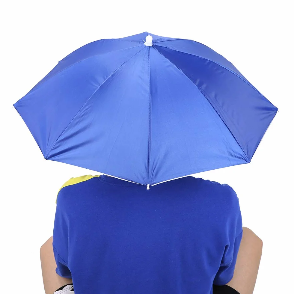 Sombrero de paraguas, 65 cm Protector solar a prueba de viento Manos libres Cabeza Paraguas Gorra Paraguas montado en la cabeza Sombrero plegable superior Paraguas para adultos y niños [Azul]