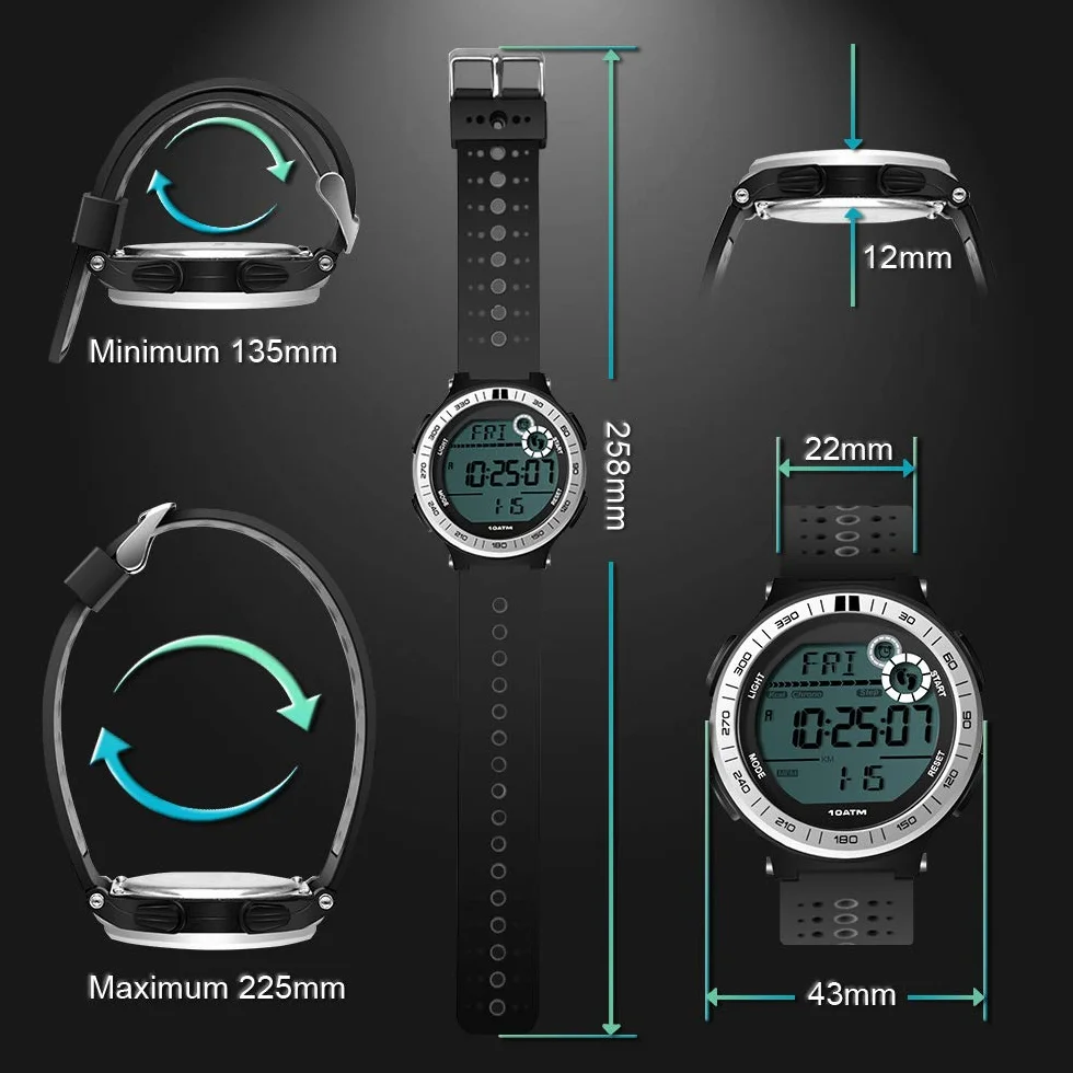 Podómetro Reloj de Pulsera Hombre Submarino Reloj Buceo 10 ATM Impermeable con Función de Cronómetro de Vuelta y Reloj Despertador, Formato de 12/24 Horas Seleccionable