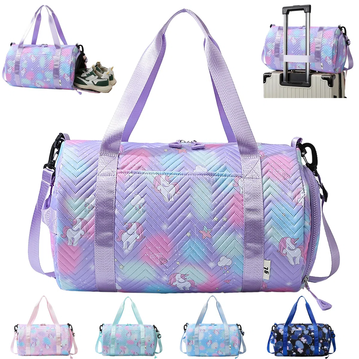 YOUYIKE Bolsa de Viaje Chica, 25 L Bolsa Deporte Niña Unicornio, Grande Travel Bag Fin de Semana, Bolsa de Natación para Playa, Bolsa Deporte con Compartimento Zapatos y Bolsillo Húmedo, Morado