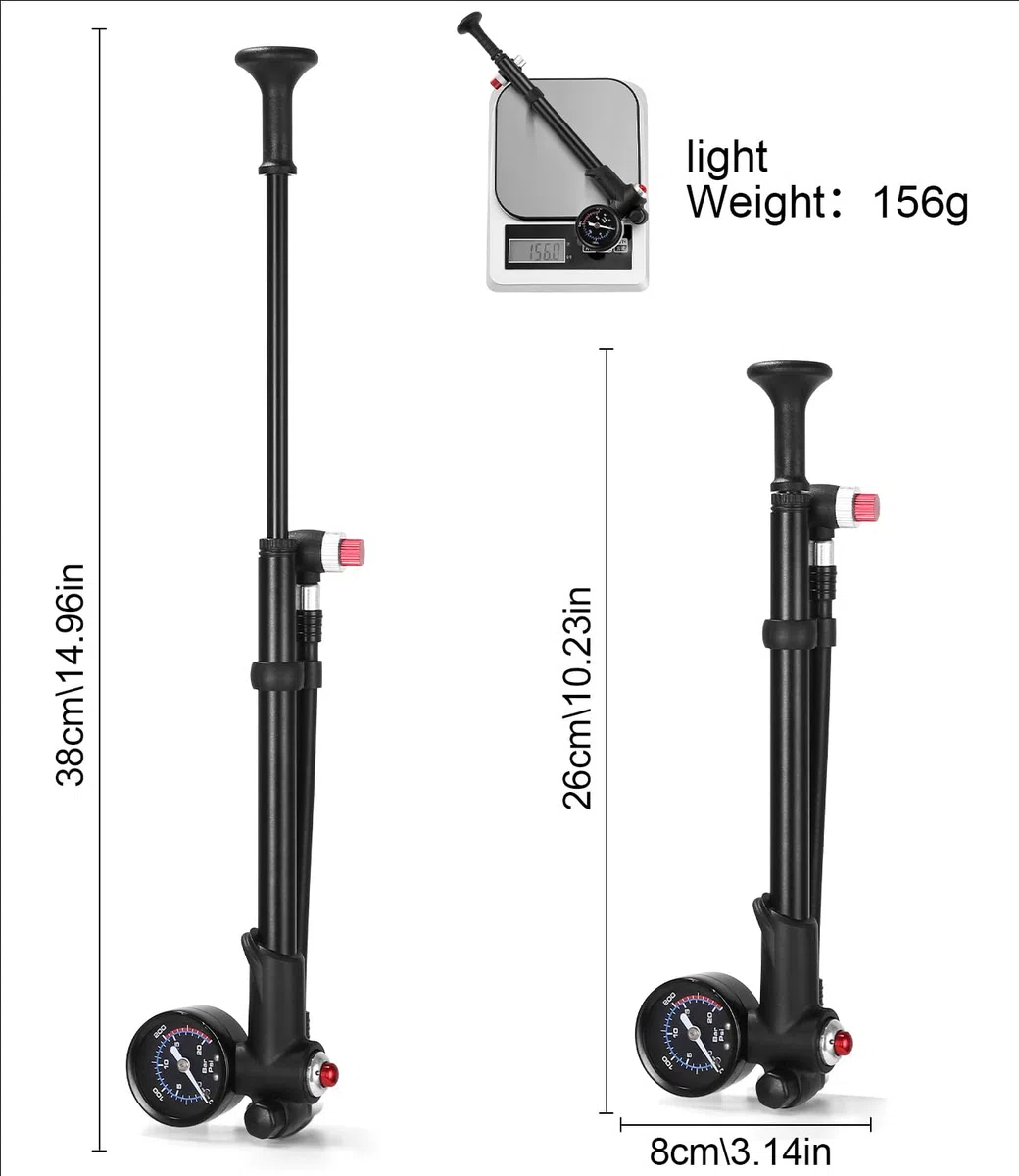 Bomba de Choque de Alta presión(MAX 300 PSI), Bomba de Bicicleta con manómetro y botón de Purga, Horquilla/suspensión Trasera 2 en 1 y Bomba de neumáticos para Bicicleta MTB, Bicicleta de Carretera
