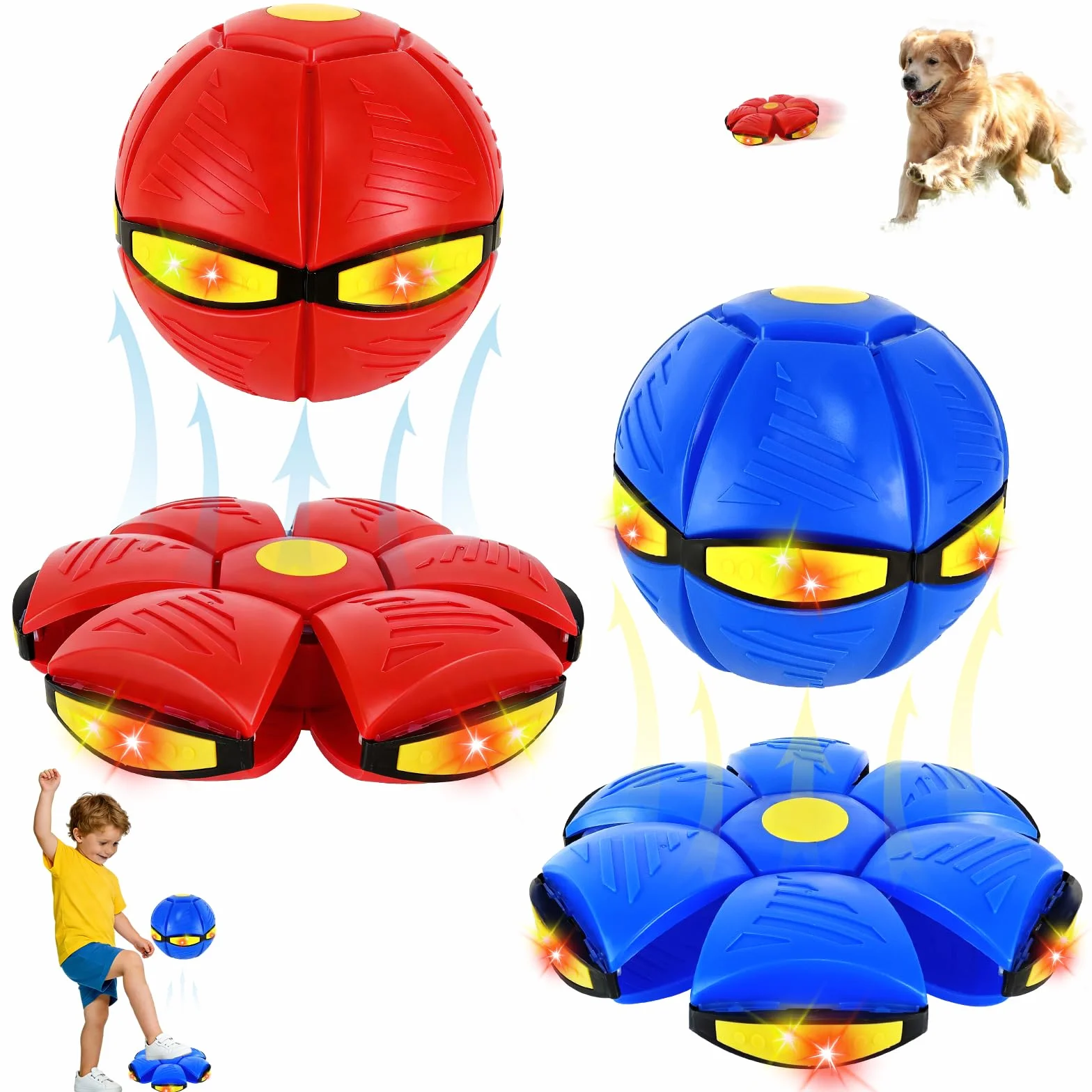 2 Piezas Pelota Saltarina MáGica con Led,Juguete Transformable 2-En-1 Platillo Volador Y Pelota,Juguete Interactivo para NiñOs Y Perros,Juego Interior Y Exterior,Rojo Y Azul
