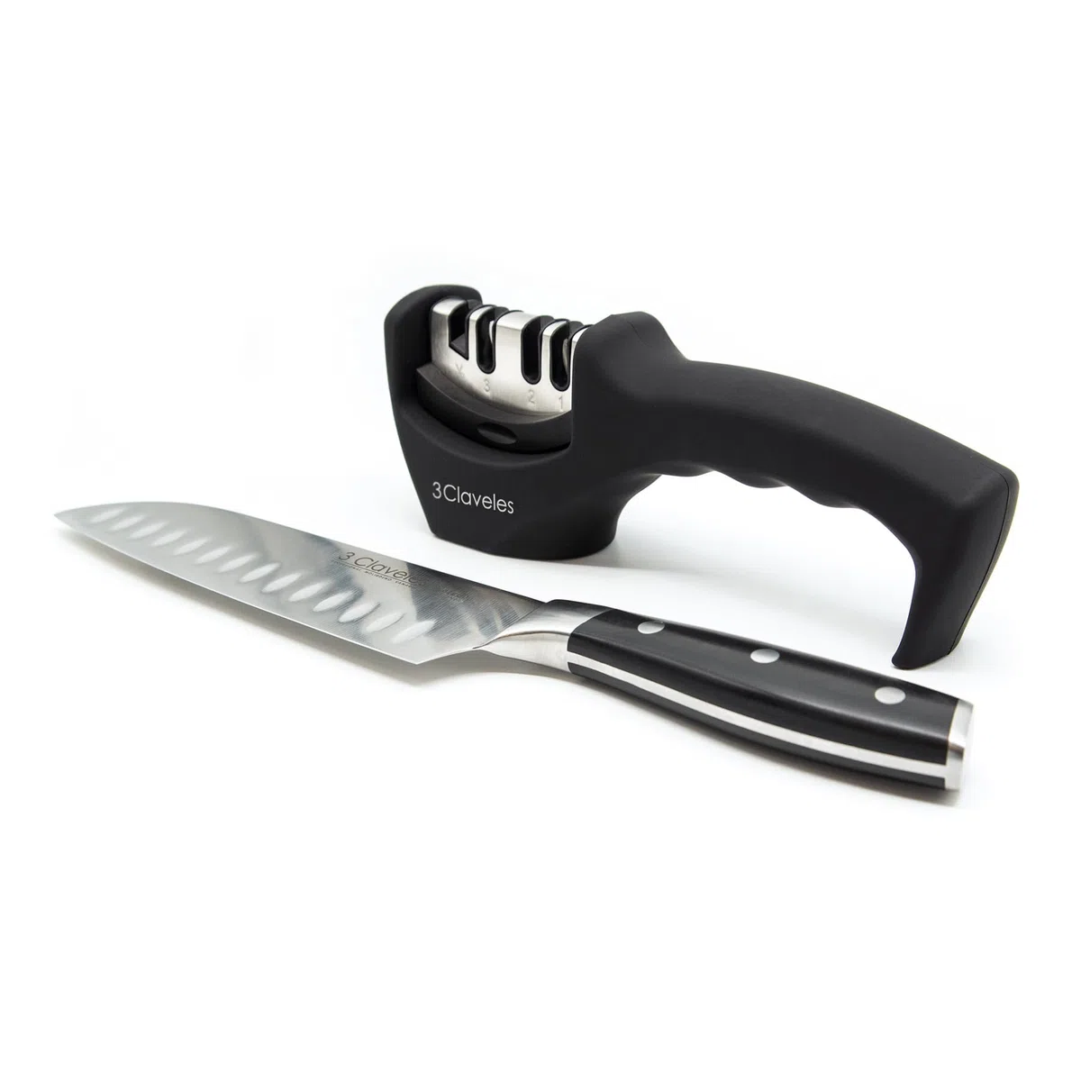 3 CLAVELES - Afilador de Cuchillos, 3 Pasos: preparación, Afilado Grueso y Afilado Fino, + Afilado de tijeras. Material Carburo de tungsteno y cerámica, 20 cm, Negro