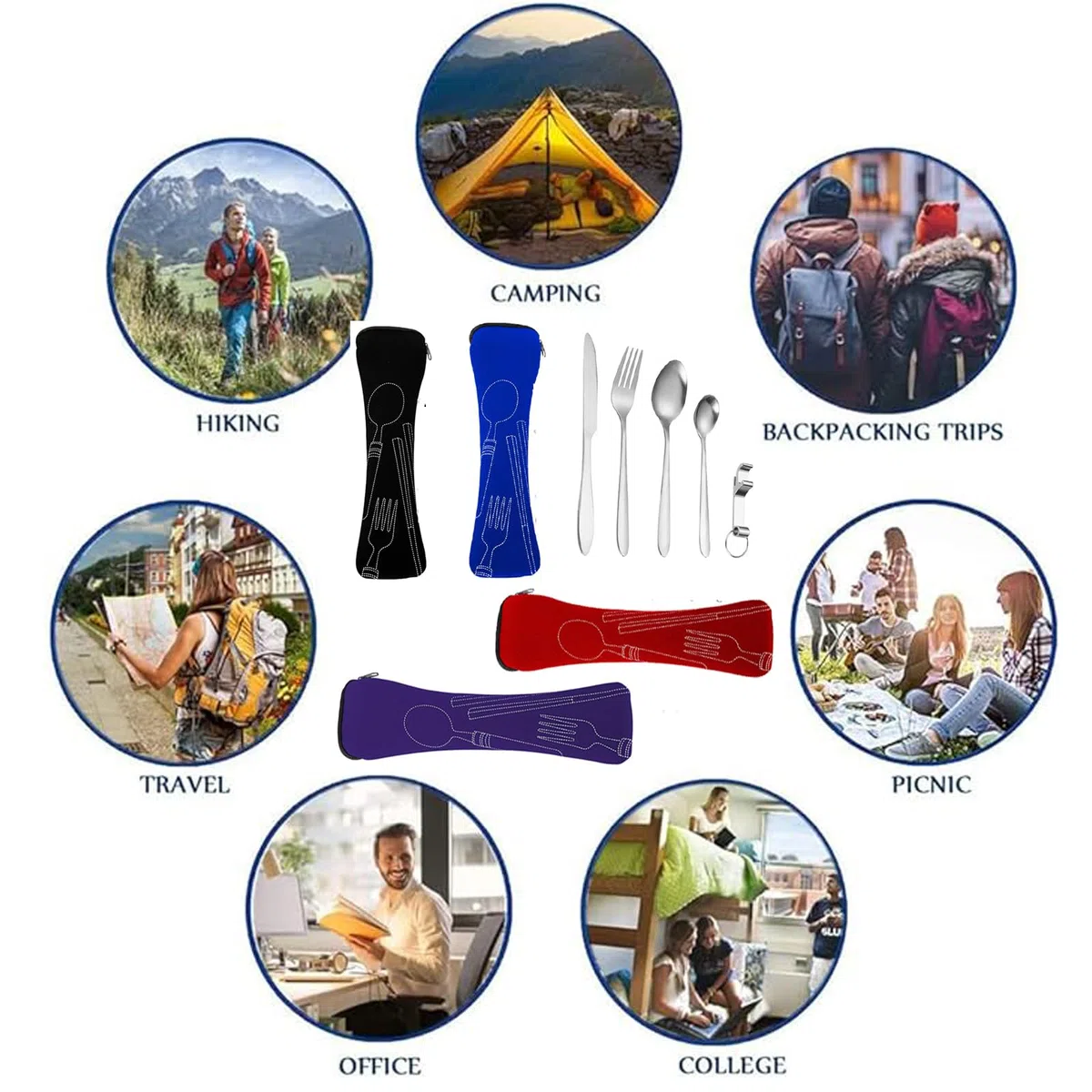 Juego de cubertería de camping para 4 personas, con estuche, cubiertos de acero inoxidable para exteriores, camping, pícnic, escuela（Violeta, Negro, Rojo, Azul）