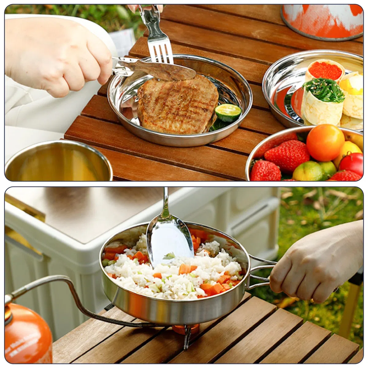 Juego de utensilios de cocina para camping, 4 piezas, juego de vajilla de camping 304, olla de acero inoxidable con sartén, olla portátil para camping, juego de sartenes, cubiertos plegables para