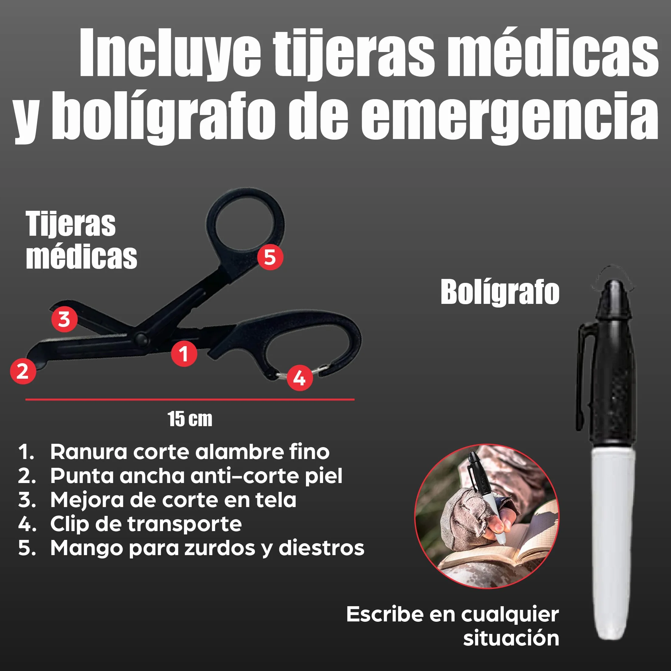 Pack Torniquete Táctico. 5 piezas (torniquete+funda+tijeras+boligrafo+parche) Kit supervivencia homologado hemorragias. Emergencias senderismo, militar, enfermero, policía Botiquín primeros auxilios