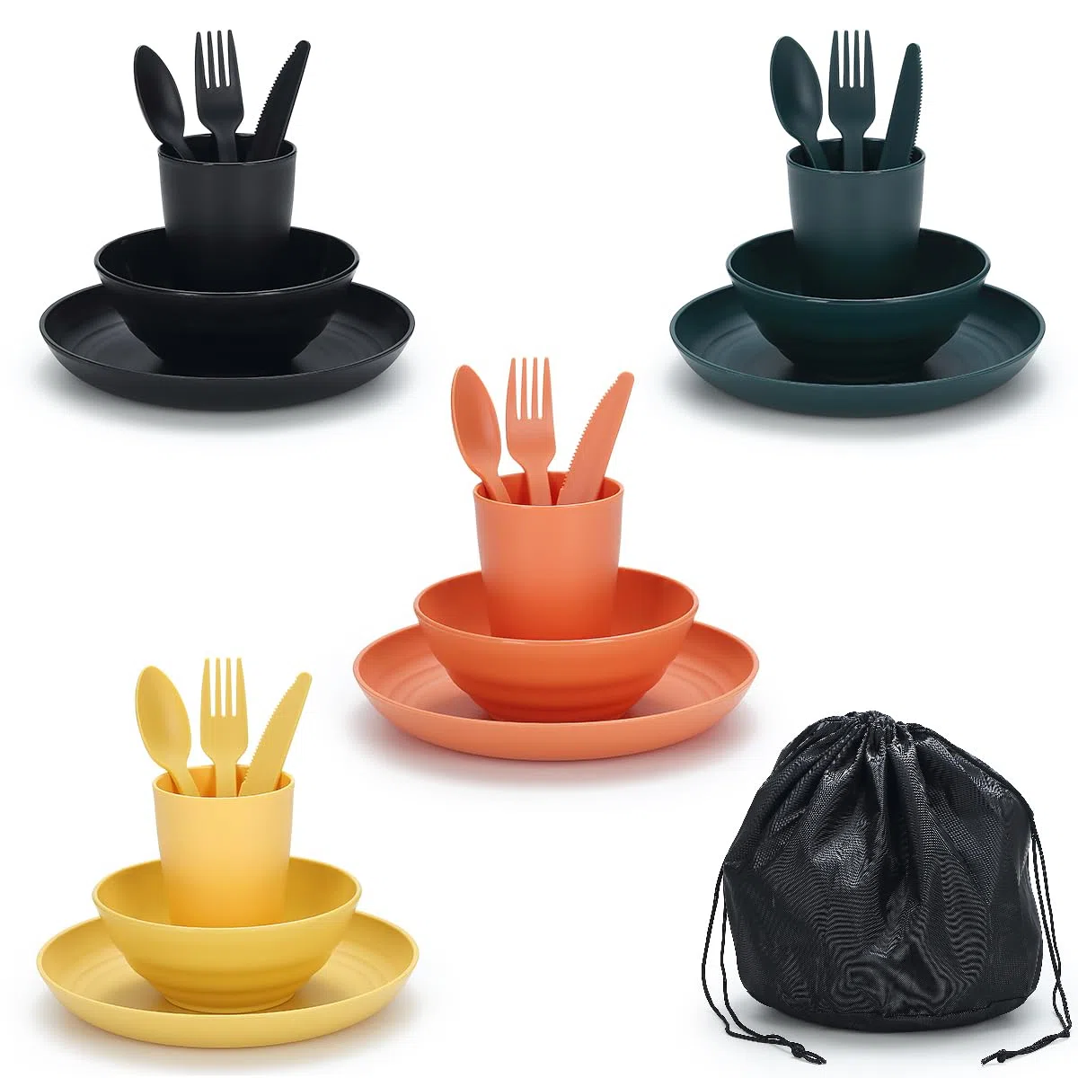 Utensilios de camping para 4 con tazón, plato, taza, cuchara, tenedor, cuchillo y bolsa de transporte, plástico Accesorios de camping Esenciales Equipo para viajes, picnic