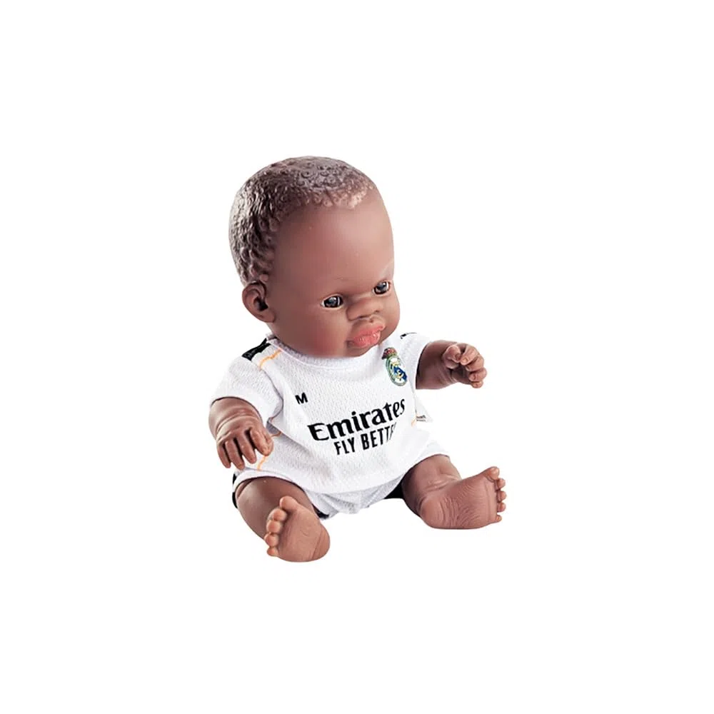 Miniland Real Madrid Muñeco 21 cm con Equipación Oficial Blanca, Muñeco Madrid Fútbol Articulado y Coleccionable, Licencia Oficial | Niño Africano