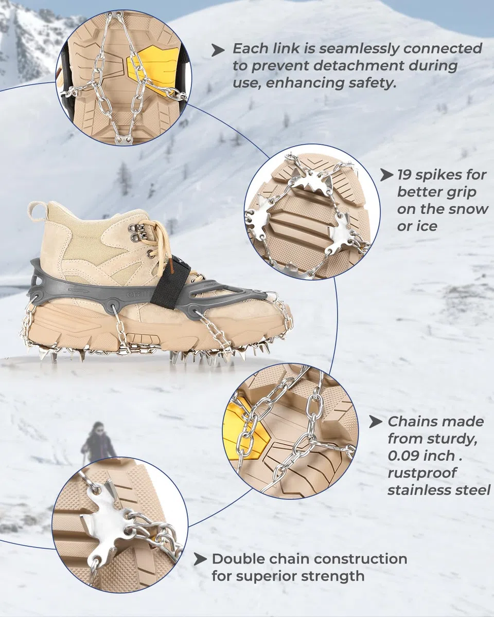 Sportneer Crampones, 19 Dientes Tacos de tracción Nieve y Hielo Tracción para Invierno Deportes Montañismo Escalada Caminar Alpinismo Cámping Acampada Senderismo (Gris, M)