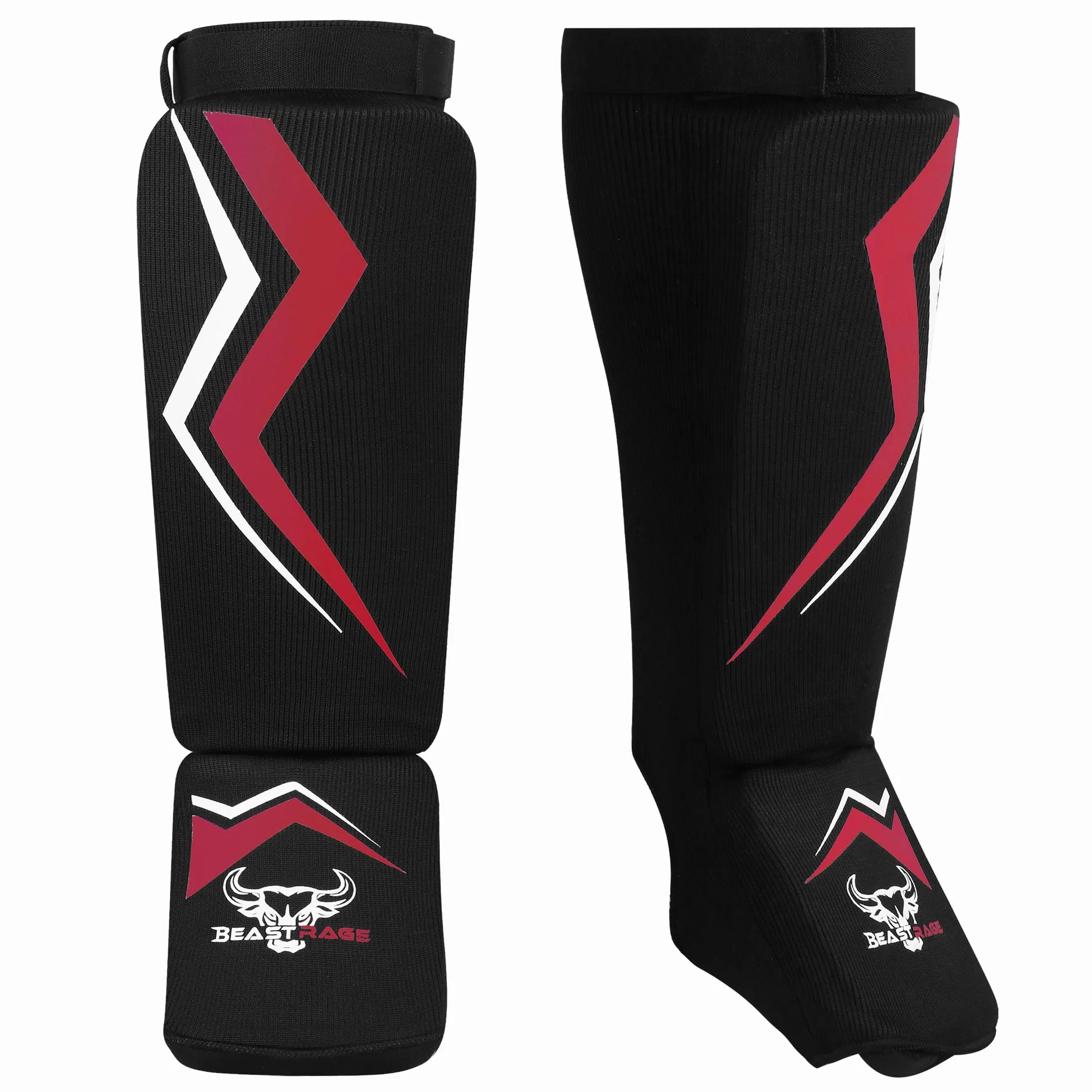 BEAST RAGE Espinilleras para kickboxing, almohadillas de protección de empeine para entrenamiento de Muay Thai, artes marciales, boxeo de artes marciales, protector acolchado elástico para piernas