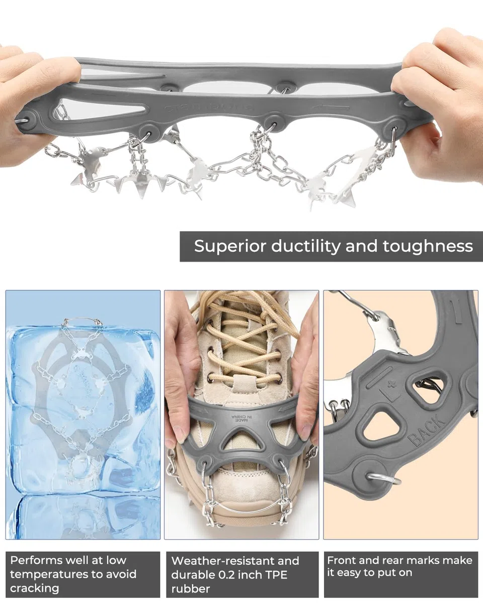 Sportneer Crampones, 19 Dientes Tacos de tracción Nieve y Hielo Tracción para Invierno Deportes Montañismo Escalada Caminar Alpinismo Cámping Acampada Senderismo (Gris, M)