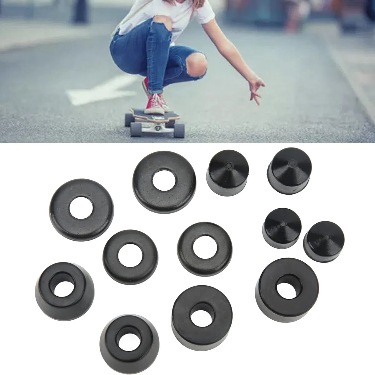 OUKENS Bujes para Monopatín, PU Negro Soporte De Alta Resiliencia Almohadilla A Prueba De Golpes para Longboard, Kit De Reconstrucción De Camión De Monopatín Bujes De Reemplazo De Monopatín