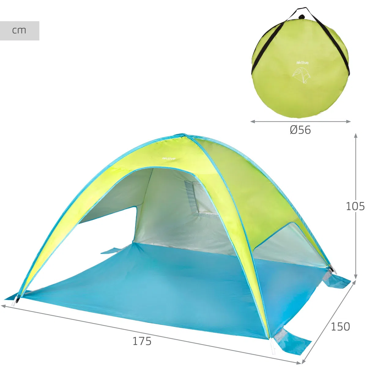 AKTIVE Tienda Playa Pop up, Azul y Verde, 175x150x105 cm, Revestimiento Plateado, UV50, Incluye 4 piquetas, Poliéster, Paravientos Plegable, Bolsa Transporte, Refugio Pesca (62532)