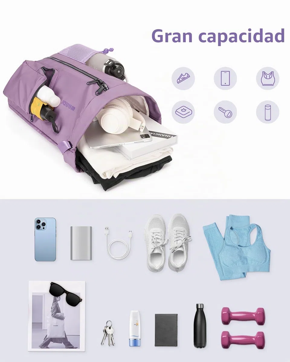 WANDF Mochila con Cordón con Zapatero, Bolsa Deporte Impermeable Hombre Mujer Niños, Gran Capacidad, Resistente Ligera, Ideal Gimnasio, Natación, Viaje y Colegio,Morado