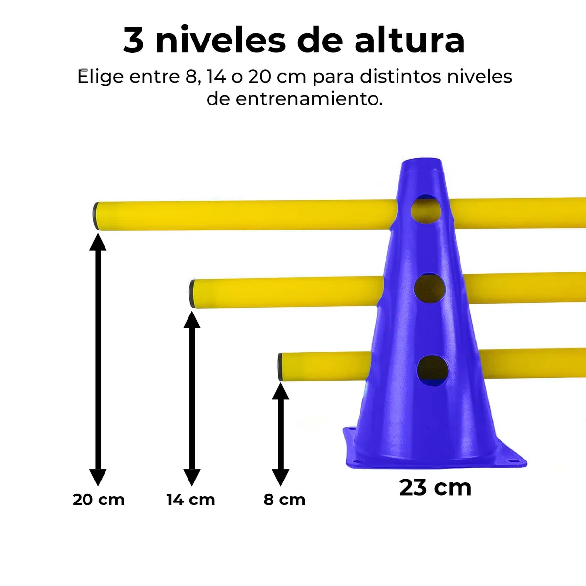 CANNON Juego Set Vallas de Entrenamiento de coordinación de Altura Regulable, Circuito Agilidad de 15 Piezas, 10 Conos Azules 23cm y 5 Picas de 100cm.
