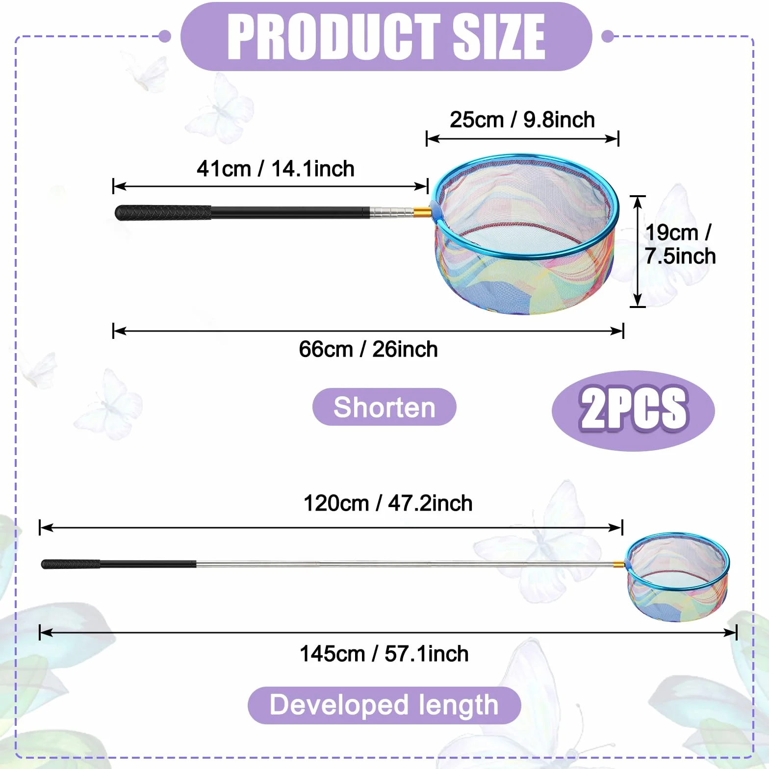 Draupnir 2 Pieza Red Pescar Telescópica, Cazamariposas, Extensible de 66 cm a 173 cm, Red de Captura Pequeña para Atrapar Insectos, Pájaros, Pesca, Estanque, Jardín, Playa