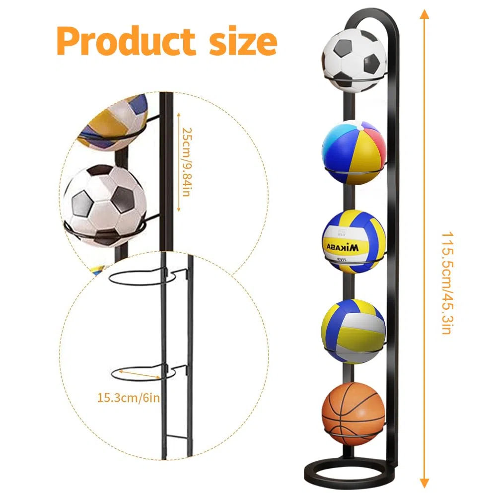 FARYODI Soporte de bola vertical de 5 niveles, soporte de bola extraíble, soporte de acero al carbono, soporte multicapa para exhibición de pelotas deportivas, para baloncesto, fútbol, voleibol