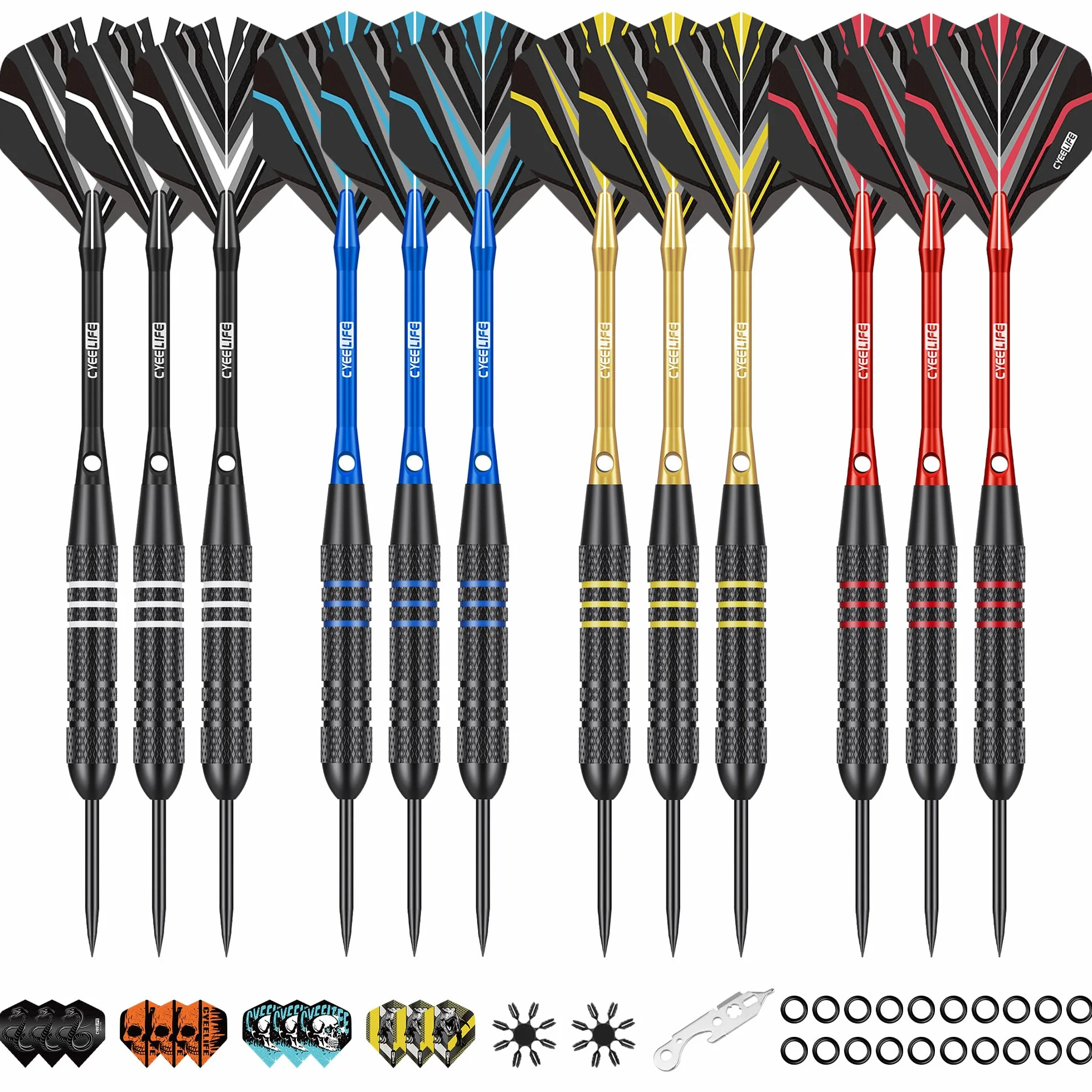 CyeeLife Dardos con Punta de Metal, 12 Piezas Dardos de Acero Profesionales, Set de Dardos con Vástagos de Aluminio, Vuelos, Afilador, Anillos de Goma y Herramienta