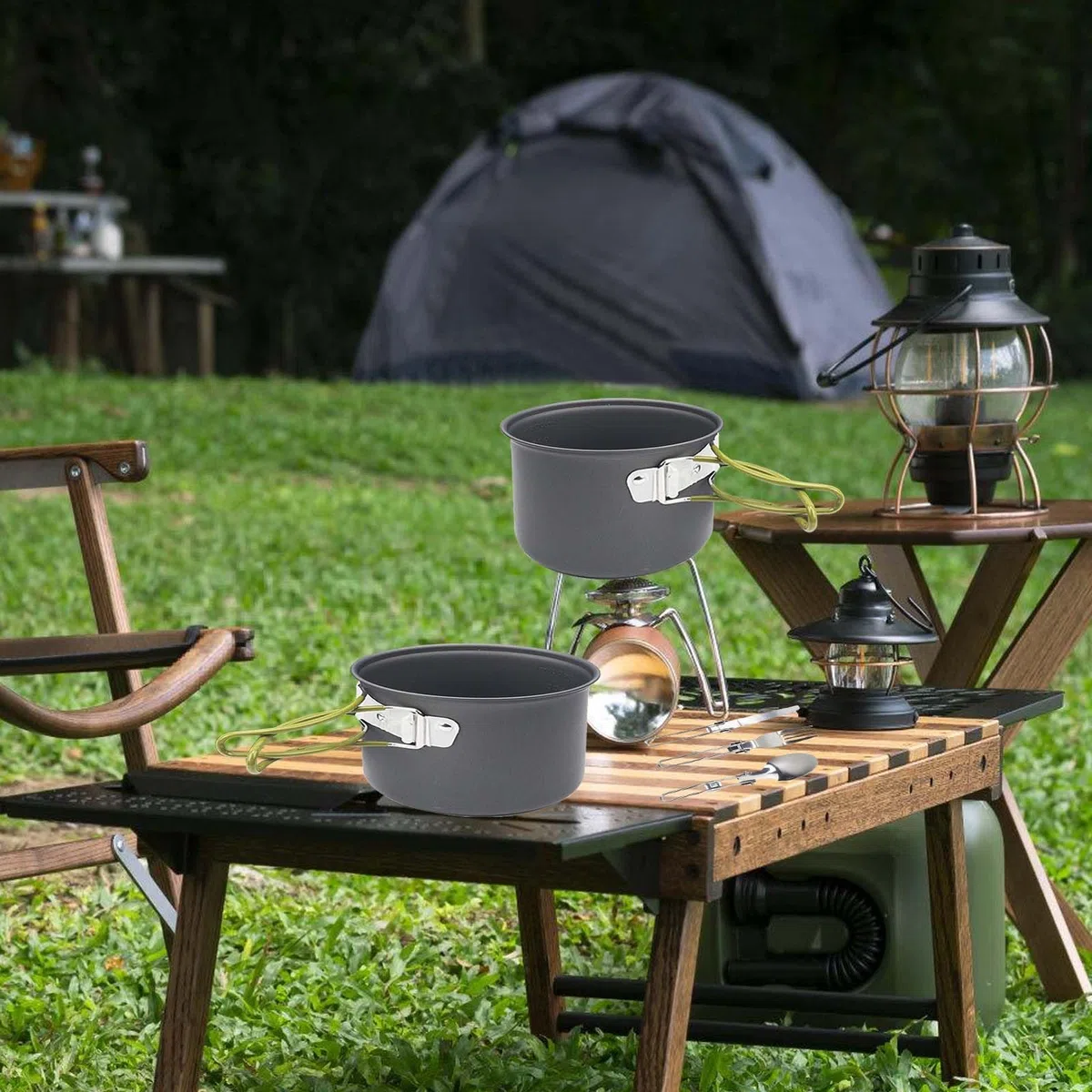 Juego de utensilios de cocina para camping para 1-2 personas, vajilla de aluminio portátil, cacerola con cubiertos plegables, cubiertos para exteriores