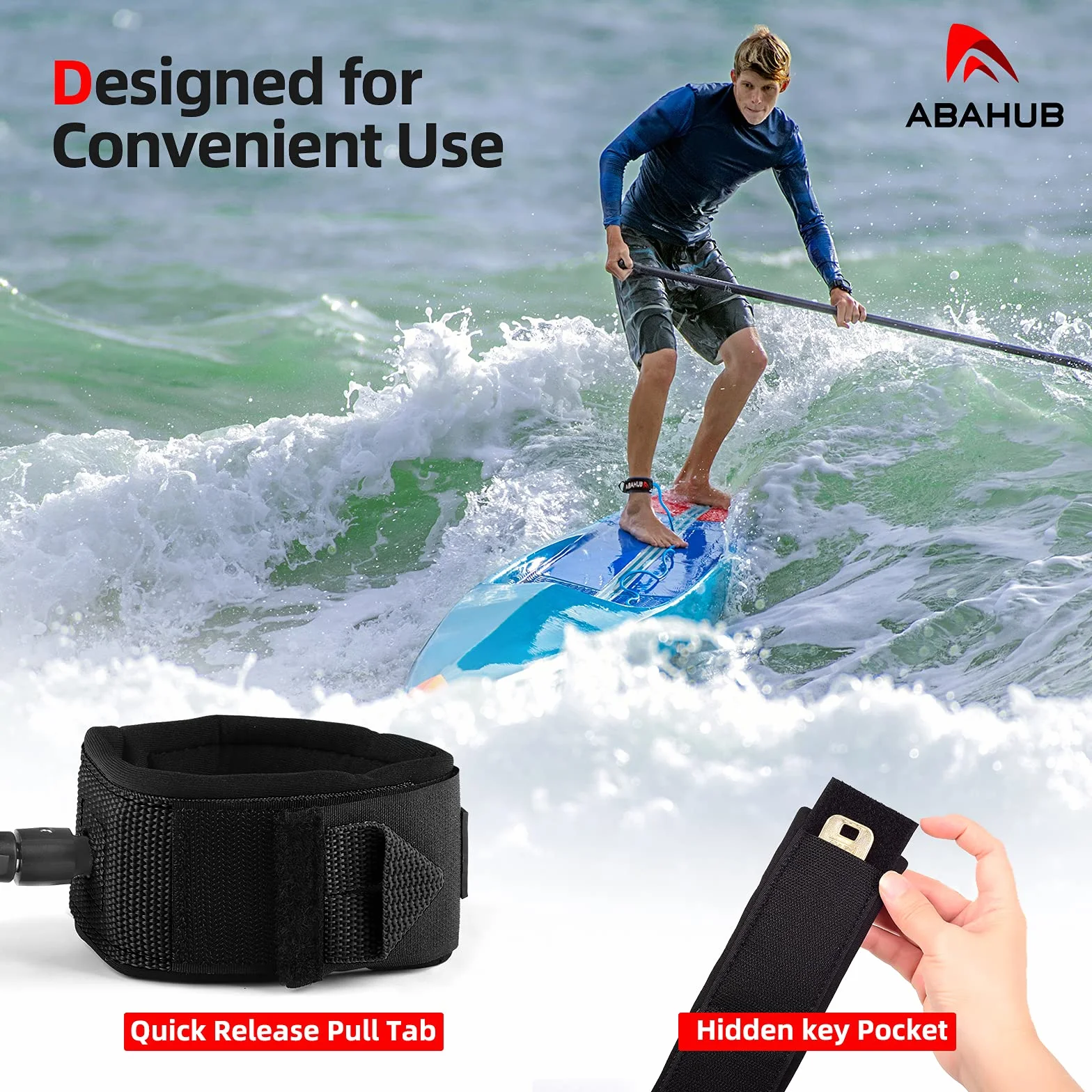 Abahub Sup Leash 10ft 7mm Safety Leash for Surfboard - Black, Blue, Orange, Green, Yellow, White, Clear, Red
