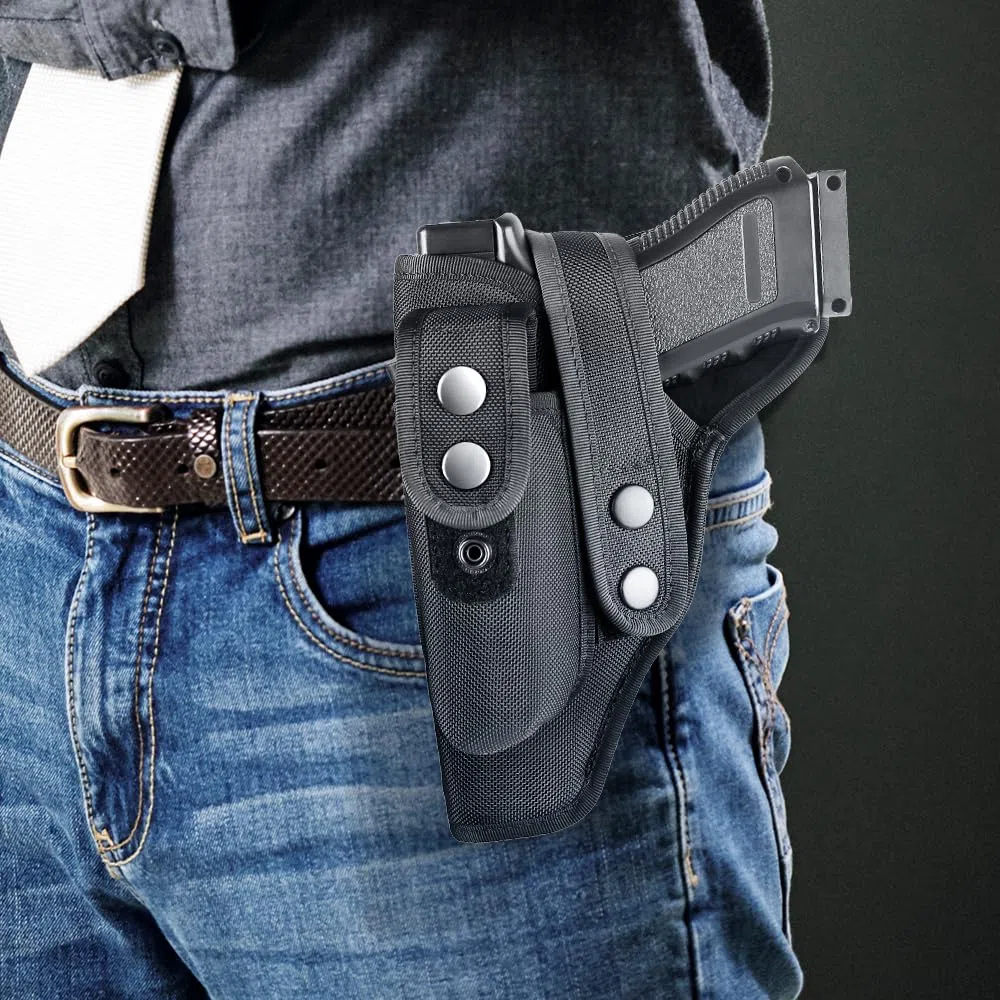 Funda de Pistola, Tela Oxford 1680D, Funda de cinturón Derecha/Izquierda con Bolsillo Lateral para Cargador para Pistolas de 9 mm, 380 45ACP