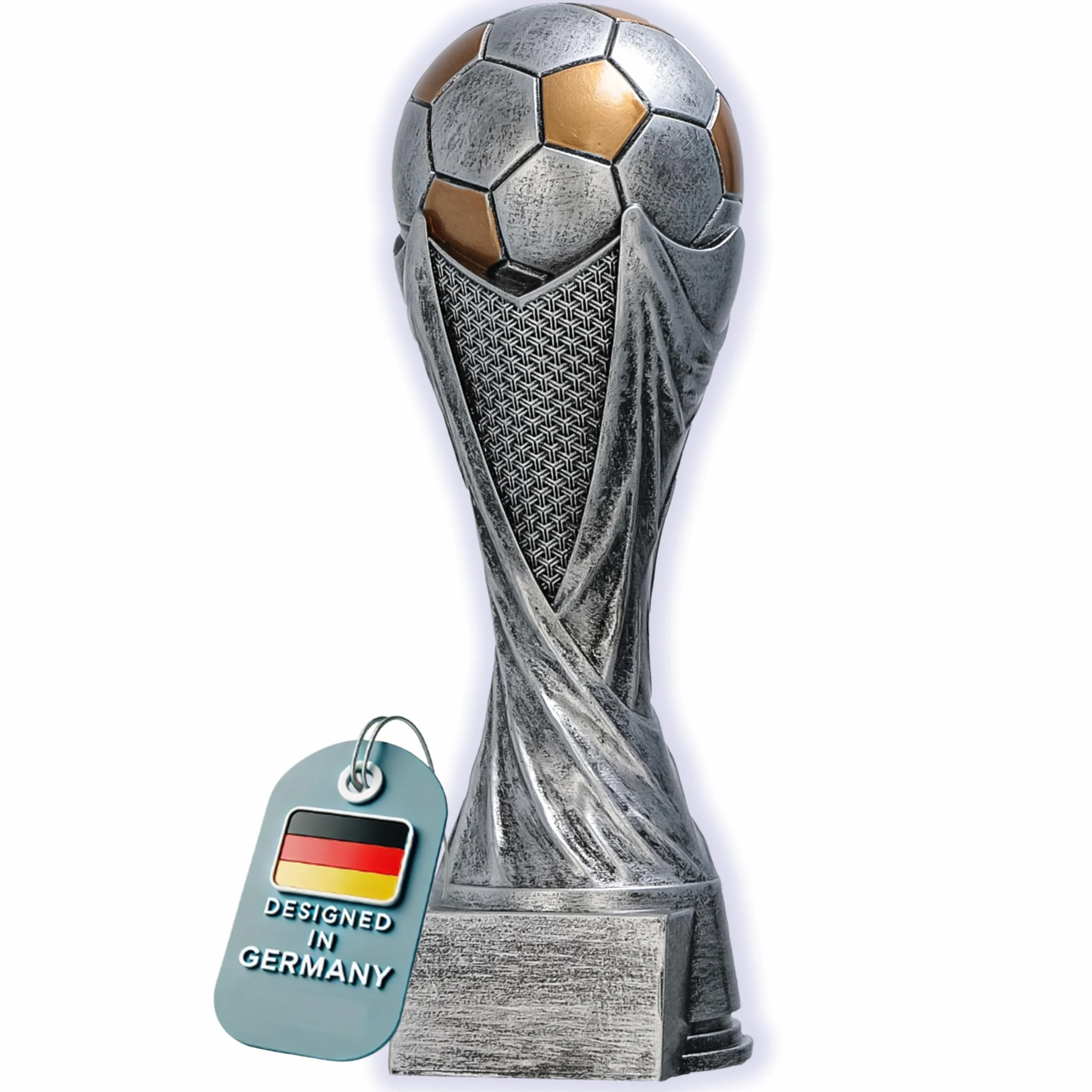 Larius Trofeo de Fútbol con Balón 15–21 cm (300–830 g) – Copa Pesada de Resina con Grabado Opcional – Premio para Torneos, MVP, Máximo Goleador y 1º–3º Puesto – M5