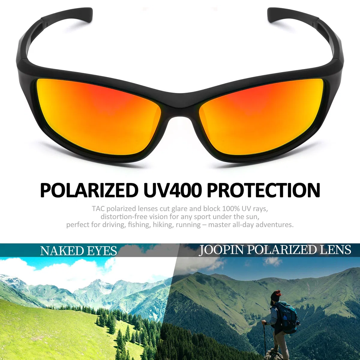 Joopin Gafas de Sol Polarizadas Deportivas Gafas Ciclismo Hombre y Mujer Montura TR90 Ligera Envolvente Protección UV400 para Running Conducir Pesca Golf