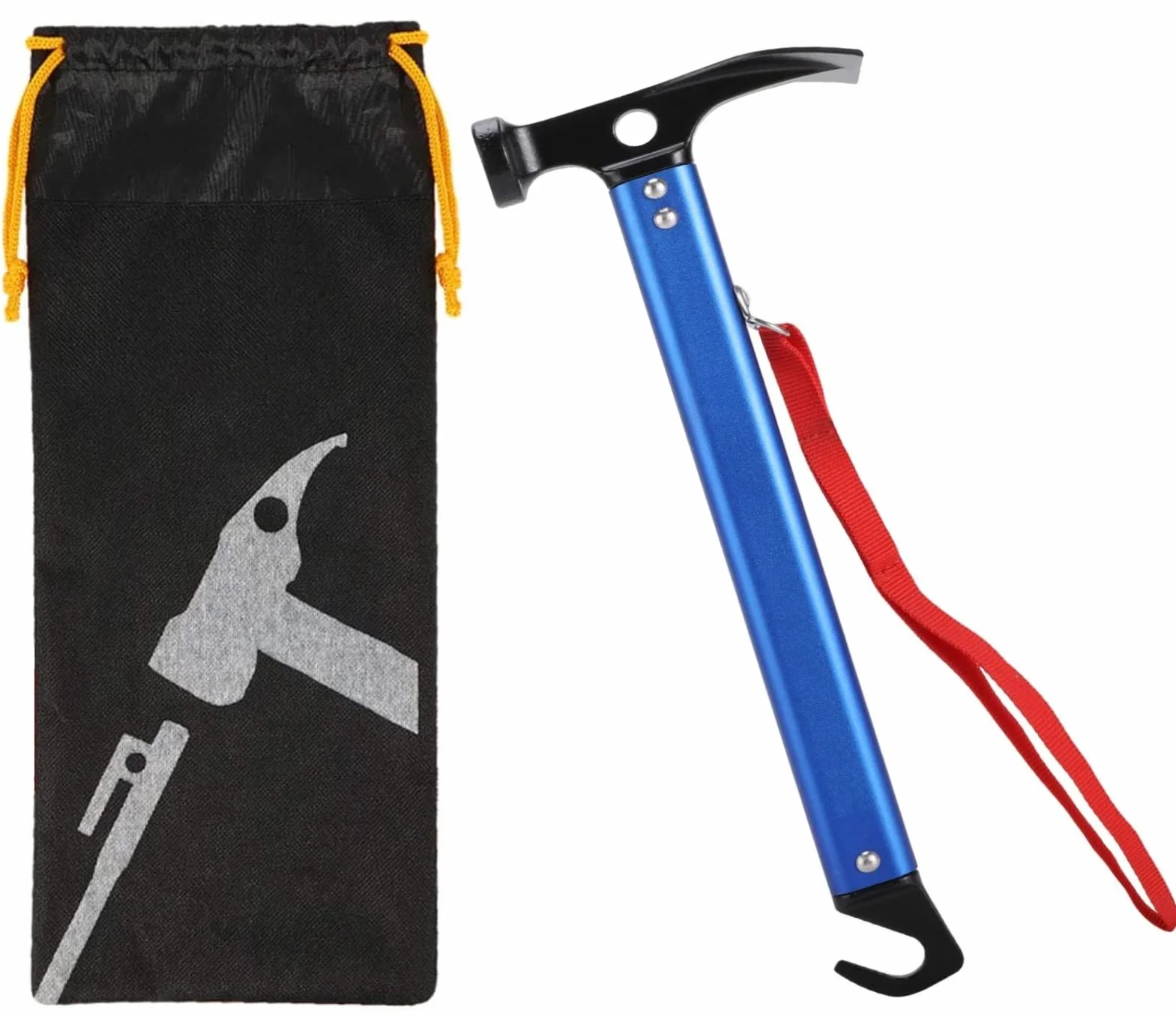 LATERN Martillo para Acampar con Gancho, 30CM Martillo de Carpa de Aluminio al Aire Libre Martillo de Estaca Multifuncional para Tienda de Campaña con Bolsa de Almacenamiento con Cordón (Azul)