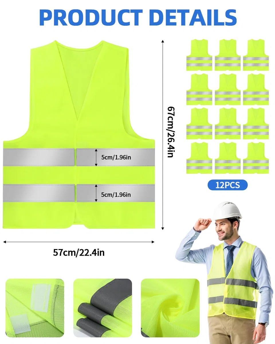 12 Chaleco Reflectante, Chalecos Reflectantes, Chaleco Reflectante Homologado, Limpiadores, Trabajadores, Unisex