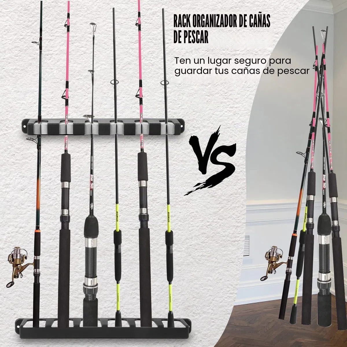 Soporte de Caña de Pescar Verticales para 6 cañas, Taco de Billar Soporte de Pared , ideal para cañas de pescar y otras barras diferentes para guardar para Sala de Garaje, Tienda de Barcos (A)