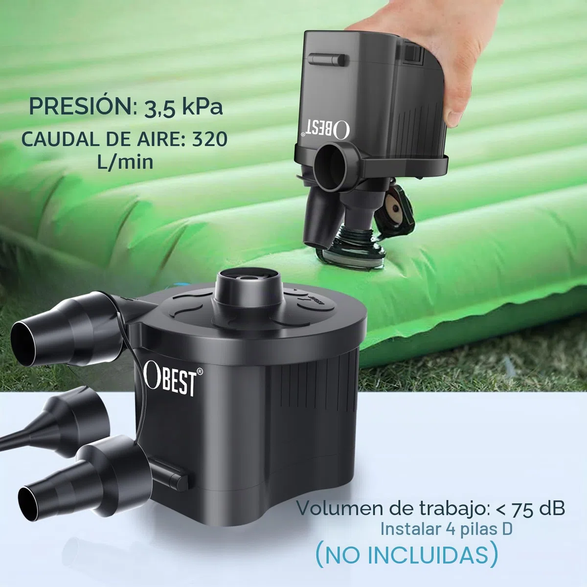 OBEST Inflador Eléctrica Bomba de Aire Electrico Rápido Inflar/Desinflar, Hinchador Portatil Batería Colchon con 3 Boquillas para Playas Acampada Colchón Aire Bote Inflable Anillo de Natación