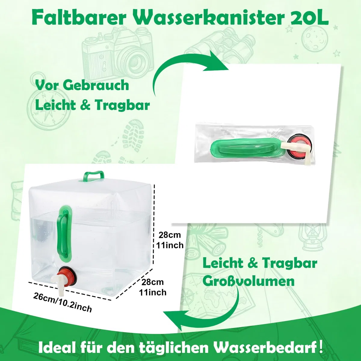 Juego de 2 bidones de agua plegables de 20 L con grifo y asa, bidón de agua con grifo, depósito de agua plegable, bidón de agua potable para camping, emergencias, exteriores, senderismo