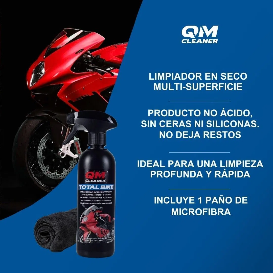 QM Cleaner Total Bike Limpiador multisuperficie para Motocicleta | Limpieza en seco Moto Sin Ceras ni Siliconas Incluye 500ml y paño de microfibra