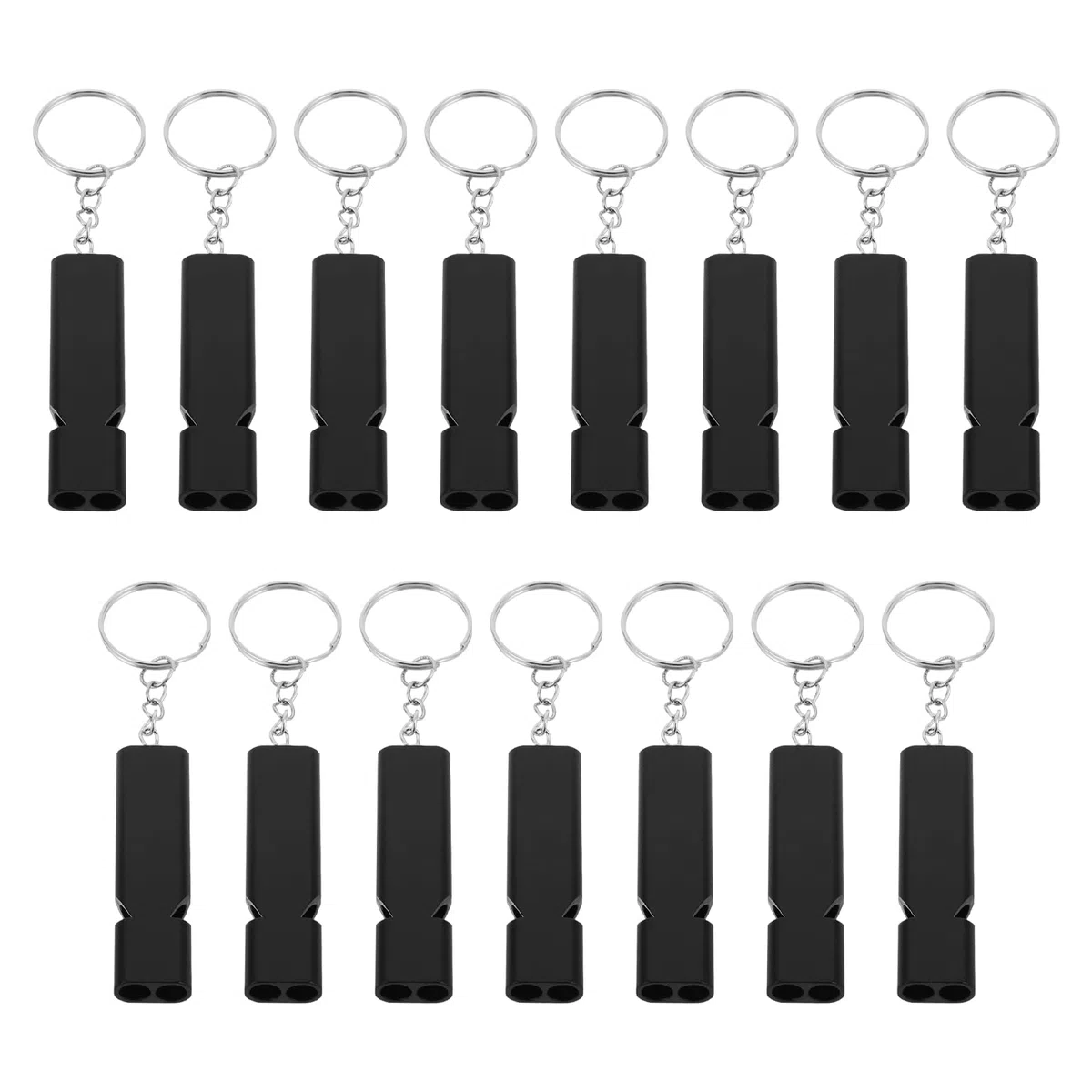 Silbatos de Emergencia de Supervivencia al Aire Libre, Pack 15 Unidades, Doble Tubo, Aleación de Aluminio Negra, Sonido Fuerte 110 Decibelios, Llavero para Camping, Senderismo