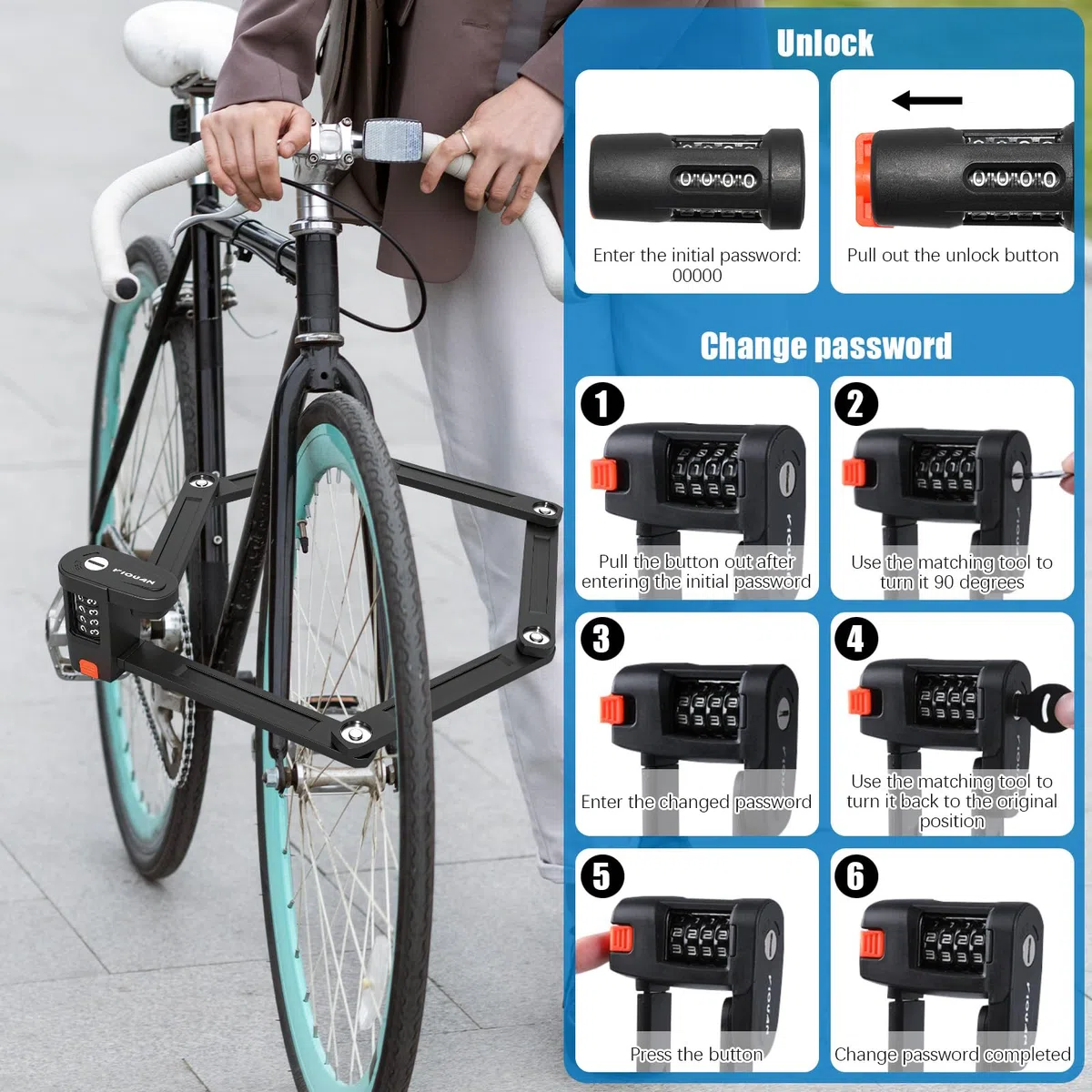 Candado Bicicleta Plegable, 88 cm 4 Dígitos Antirrobo Bicicleta con Soporte, Robusto Candado Plegable, Protección Antirrobo, Fácil de Llevar para E-Bike, Motocicleta, Scooters
