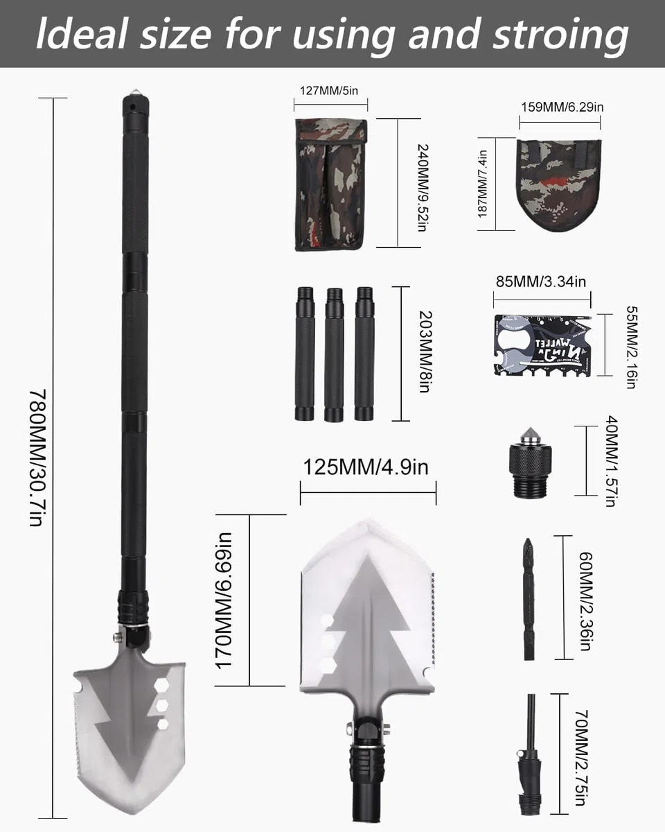 Pala Plegable, Multifuncional Pala 78cm con 3 Combinaciones de Longitud, Pala Plegable 180 Grados, para Supervivencia, Jardín, Camping, Aventura, Senderismo