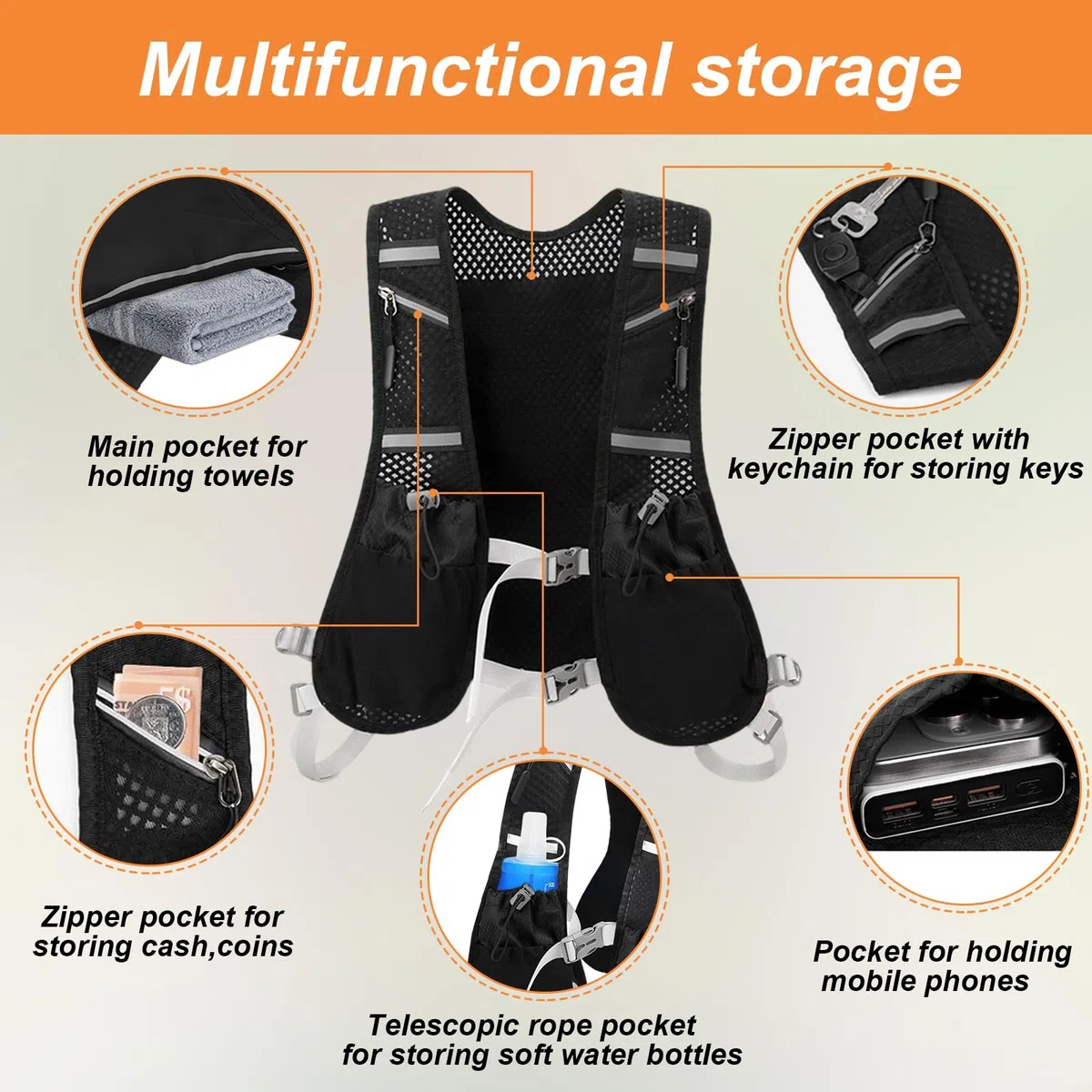 Chaleco de Hidratación Trail Running 2 Soft Flask 500ml Chaleco de Correr para Hombre Mujer, Mochila Ligera Reflectante con Bolsillos y Correas Pecho Ajustables, para Ciclismo, Senderismo, Correr