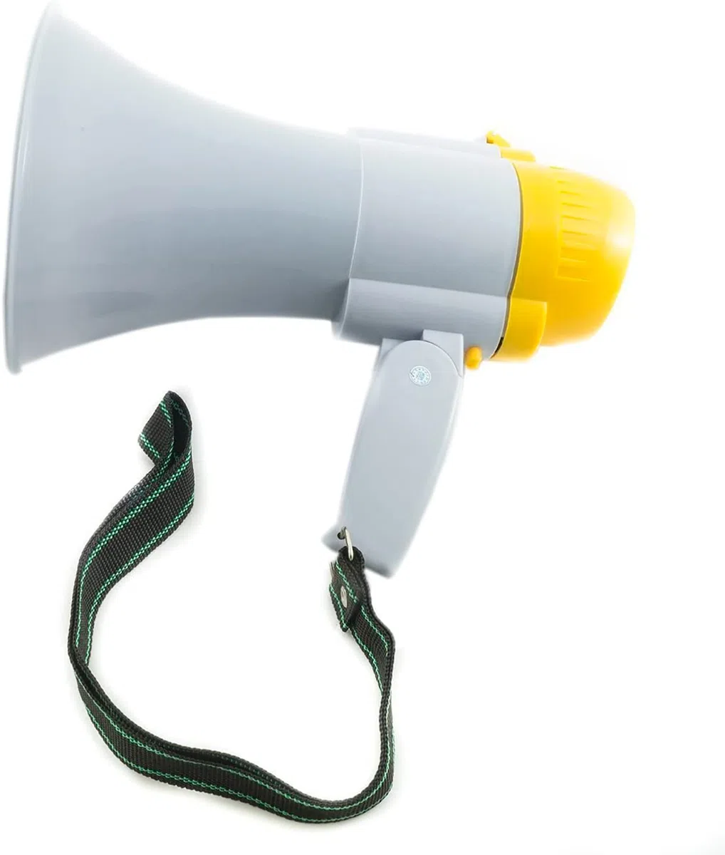 Megáfono portátil Profesional con Mango Plegable | Ajuste de Volumen, Sirena y grabadora de Sonido | 4 Pilas LR20 no incluídas | 25 x 15 cm | Potencia 10W | Amarillo, Naranja y Rojo