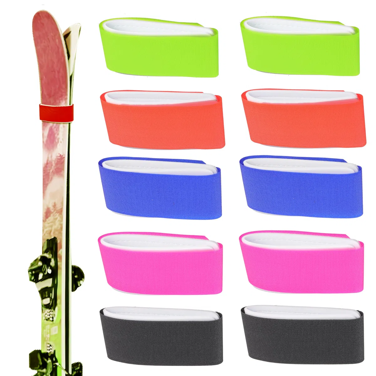 (Actualización) 10 x Correas Ajustables para esquís Correas de esquí EVA con diseño Protector para Transportar Equipo de esquí Invierno Navidad (Azul Rosa Naranja Amarillo Negro)